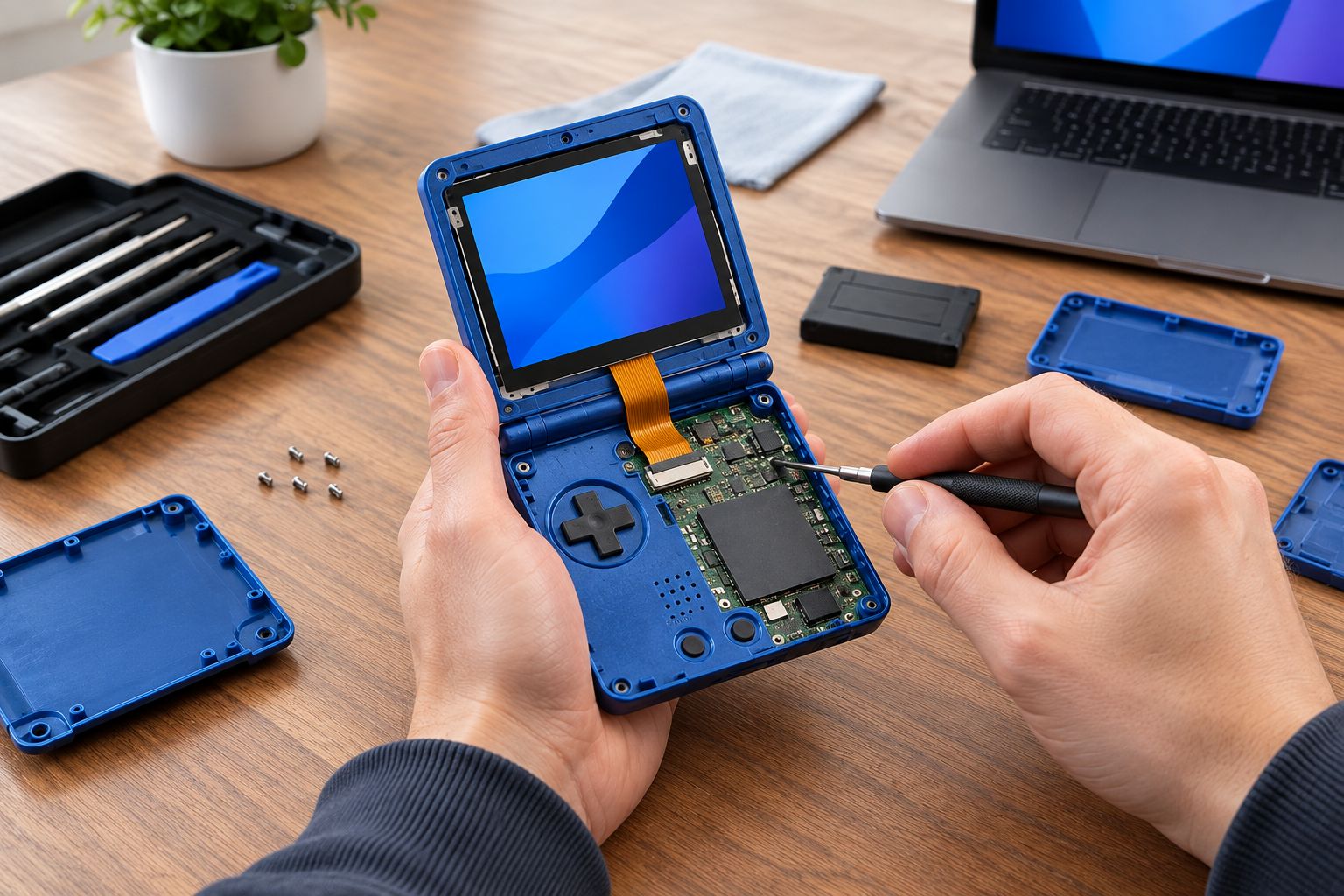 Hands seating an IPS screen into an open Game Boy Advance SP shell