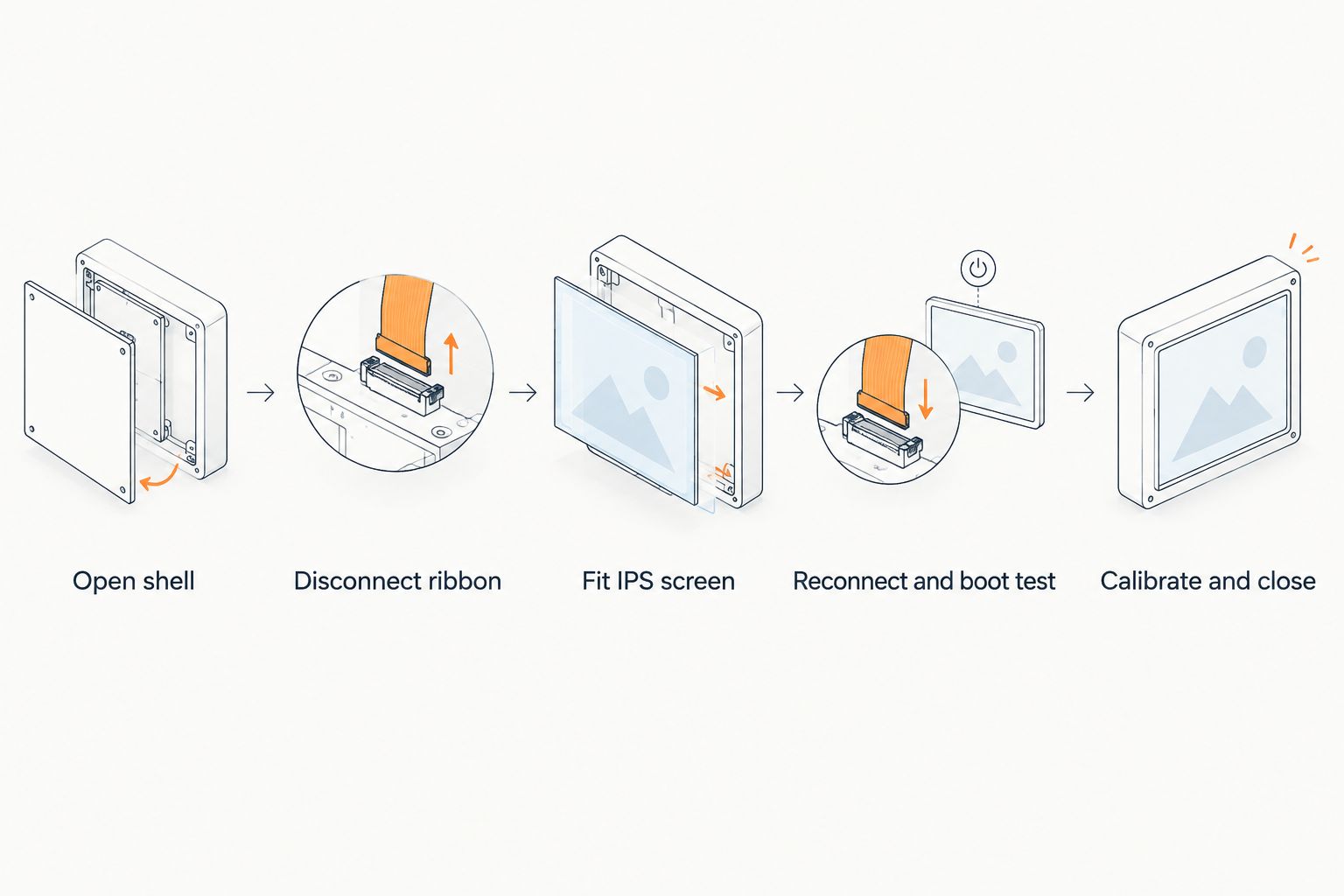 Five steps of a Game Boy Advance SP screen mod installation