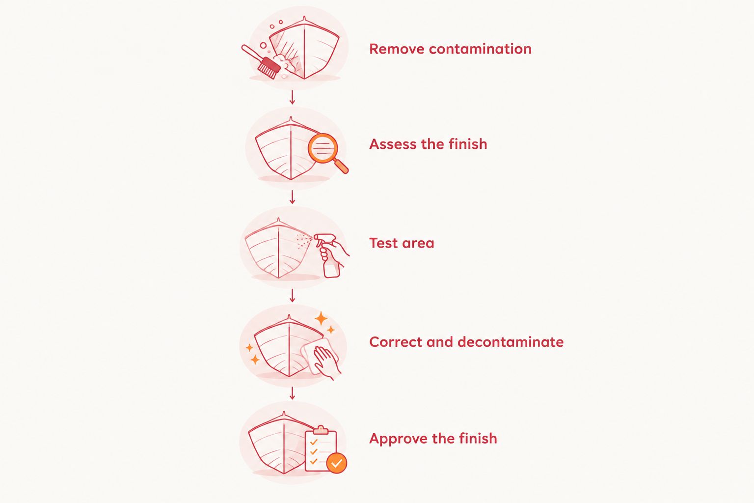 Preparation sequence from contamination removal through approval of the corrected boat finish