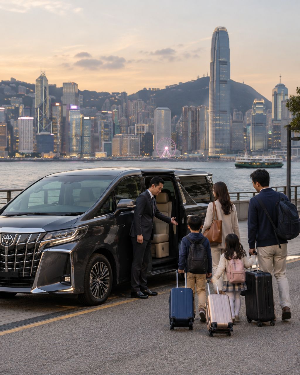 A Mayline seven-seat MPV waiting at a Hong Kong hotel kerb in the evening with luggage loaded for a Macau transfer