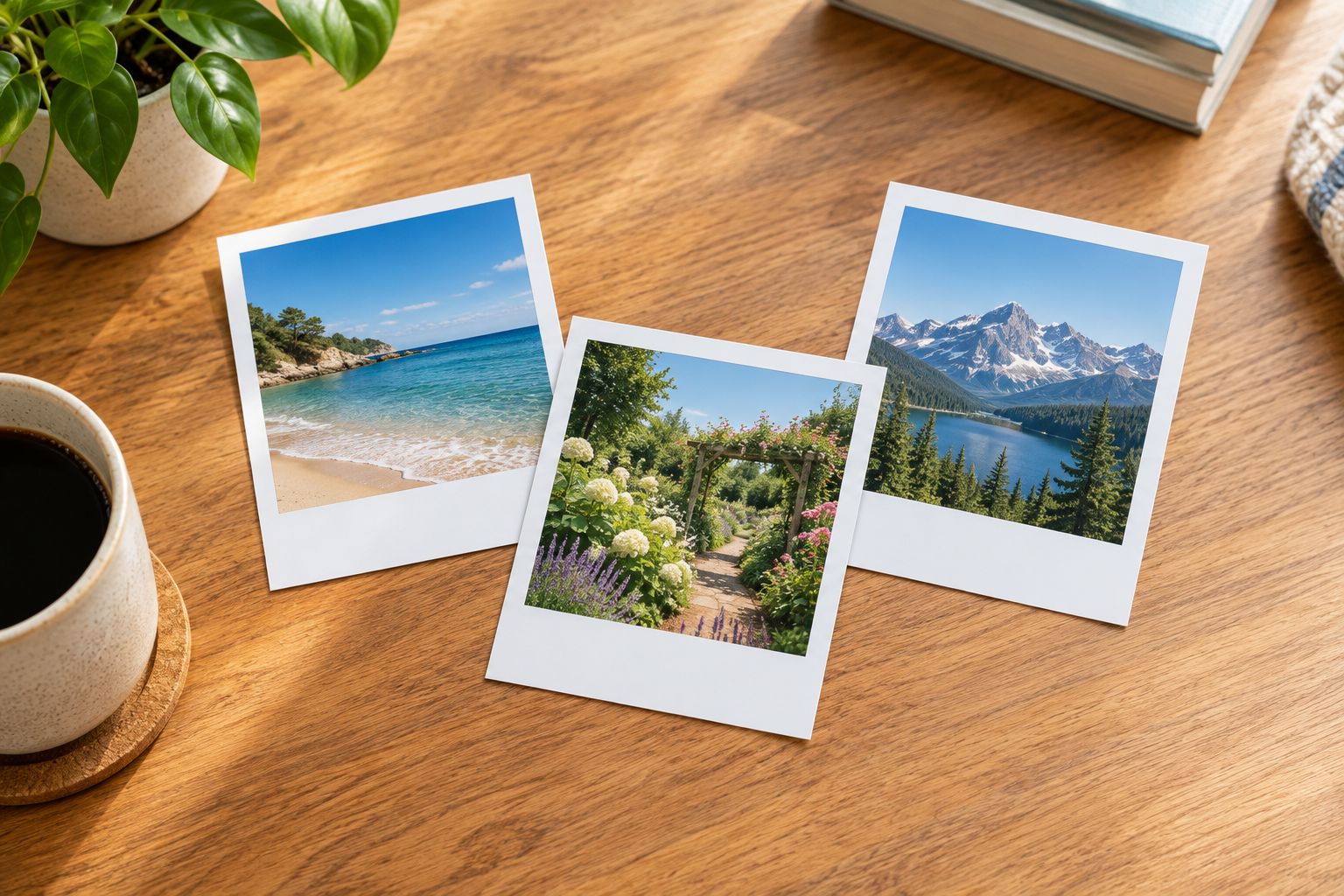 A set of square photographs with matching white borders and deeper blank lower margins