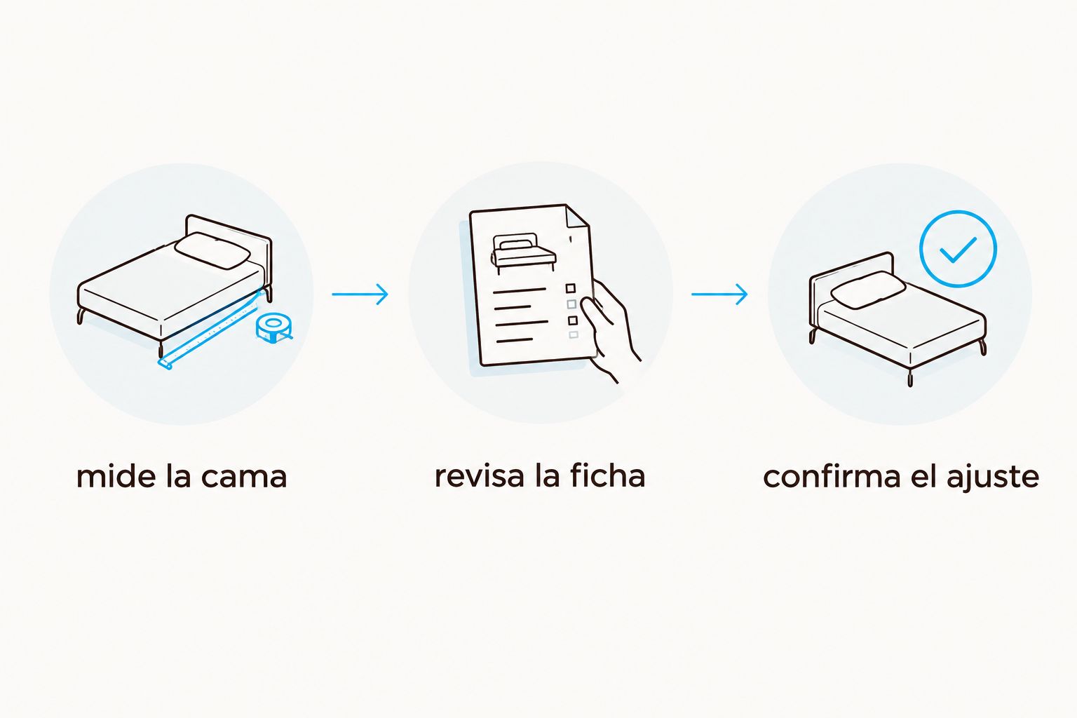 secuencia para medir la cama, revisar la ficha y confirmar el ajuste de la ropa de cama