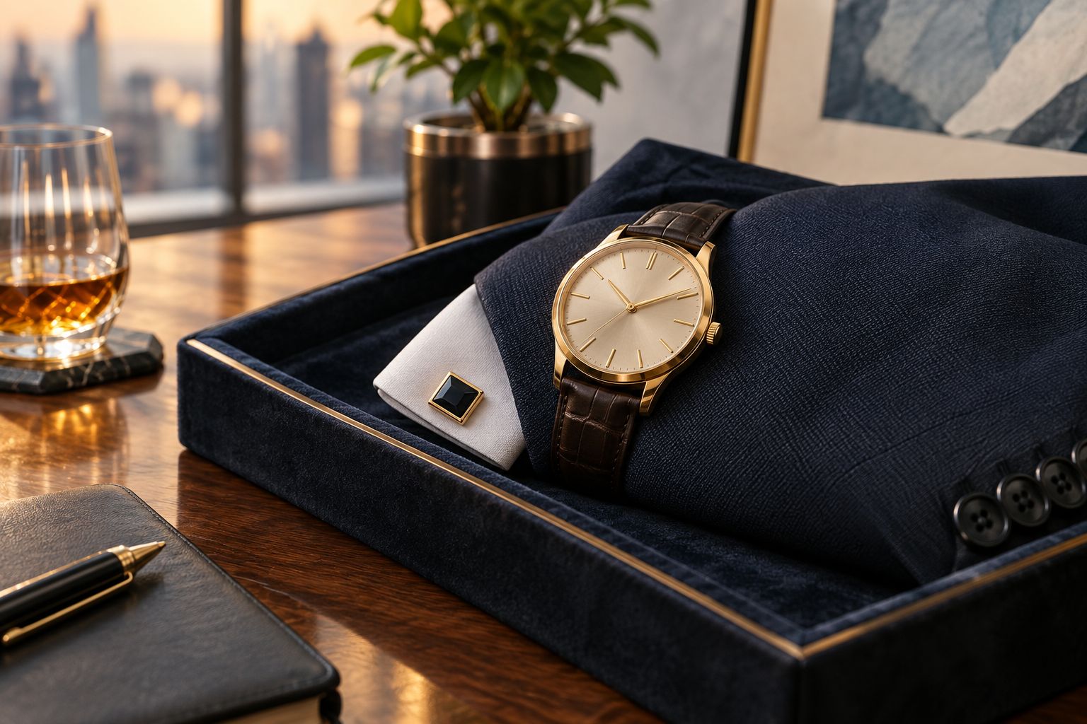 Gold luxury dress watch presented on a velvet tray as a milestone gift