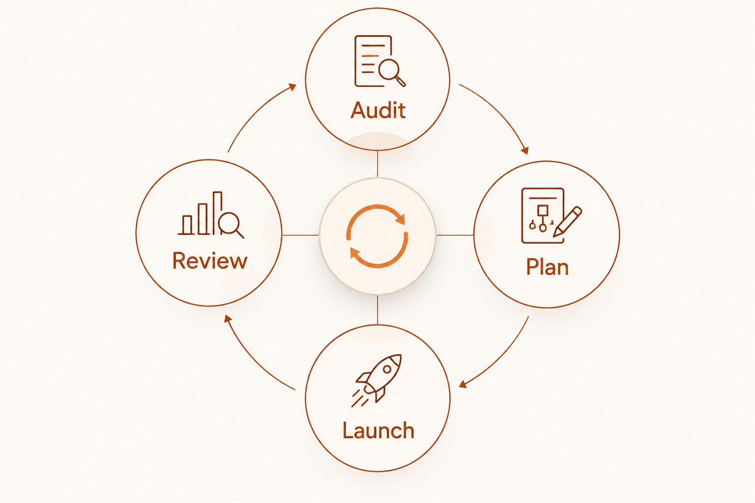 Loop showing the audit, plan, launch and review stages of Meta ad management