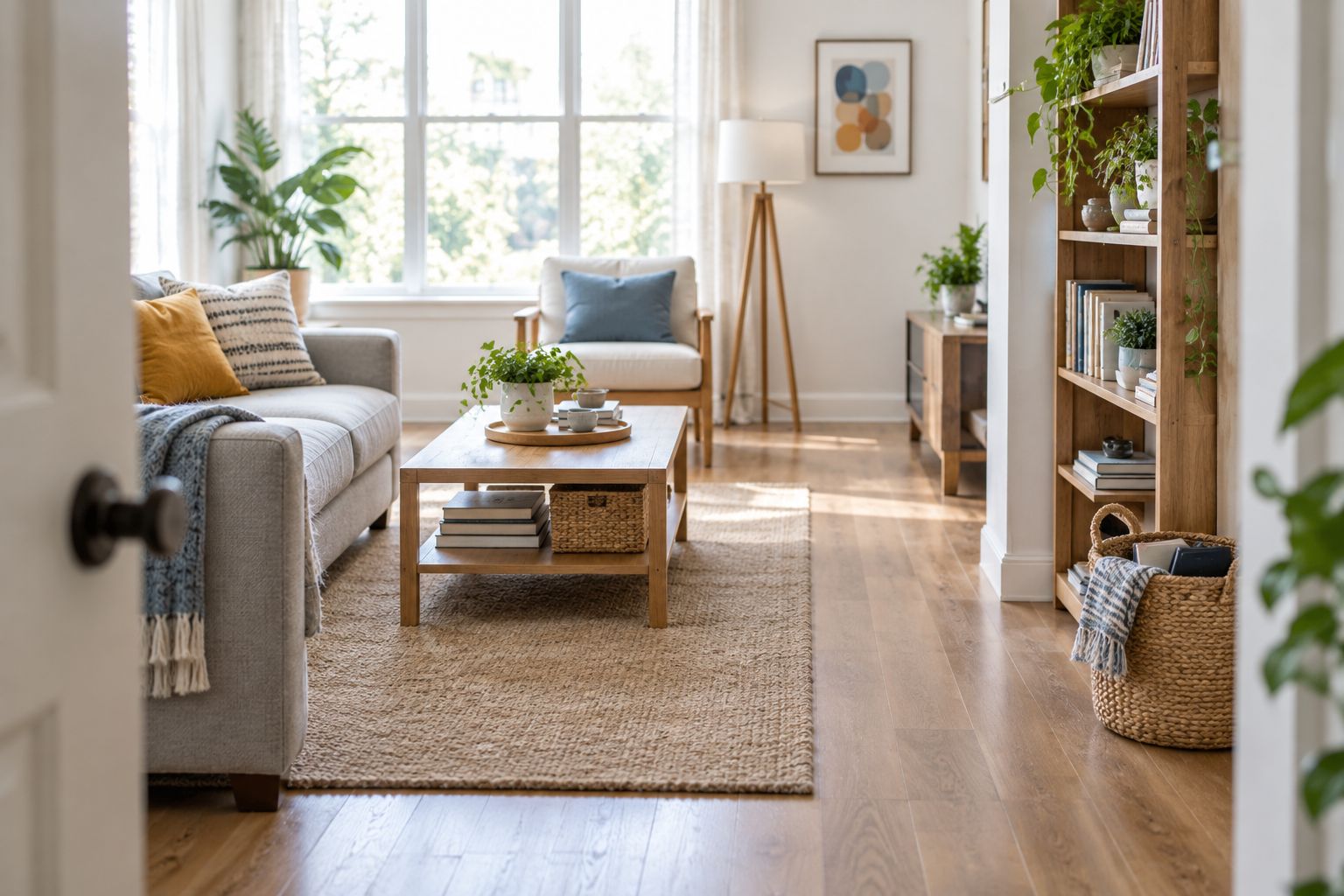 A practical living room with clear seating, a usable coffee table, and an accessible basket