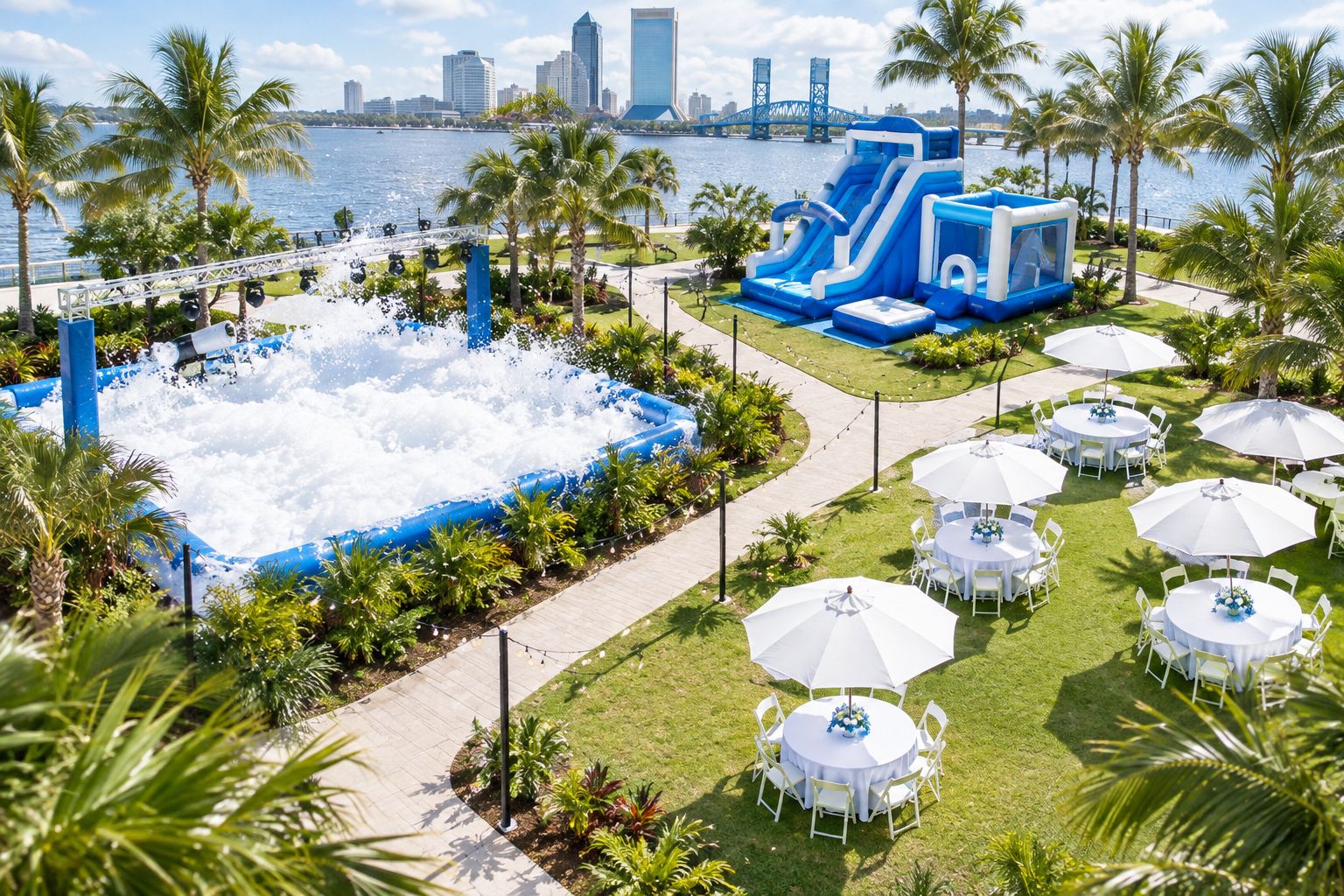 Outdoor party layout with separate inflatable activity and seating areas