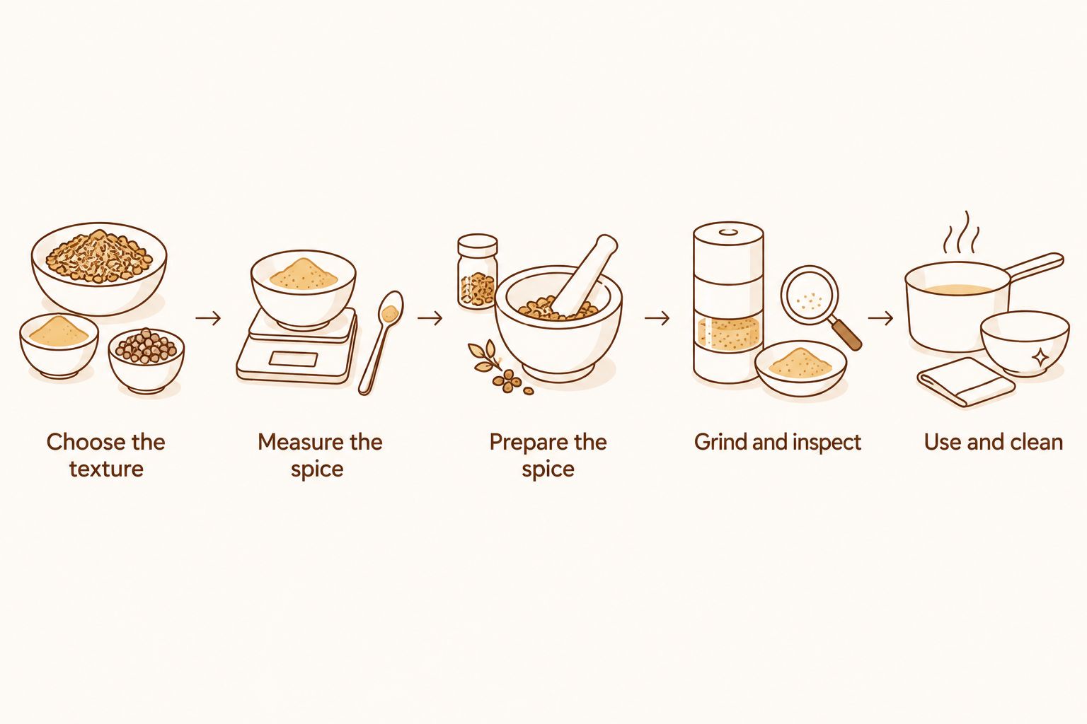 A workflow from choosing the spice texture through measuring, preparing, grinding, using, and cleaning.