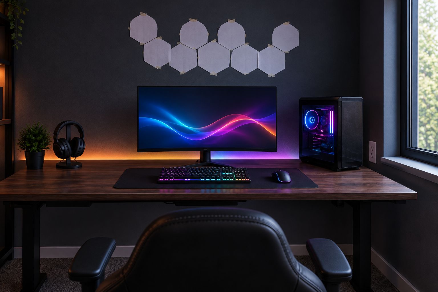 Paper hexagon templates above a gaming monitor during wall-light layout planning