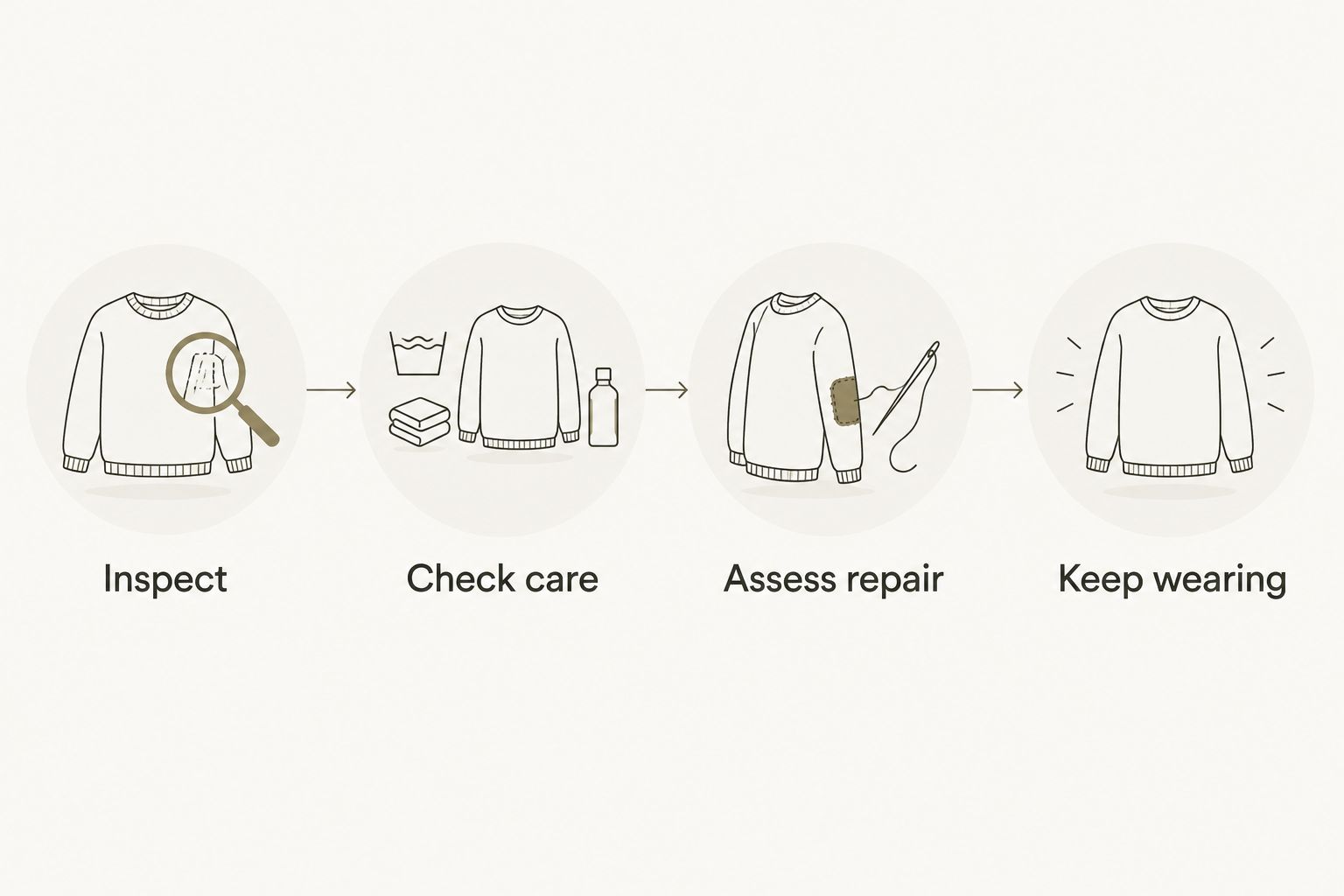 A sweater-care sequence: inspect, check care, assess repair and keep wearing.