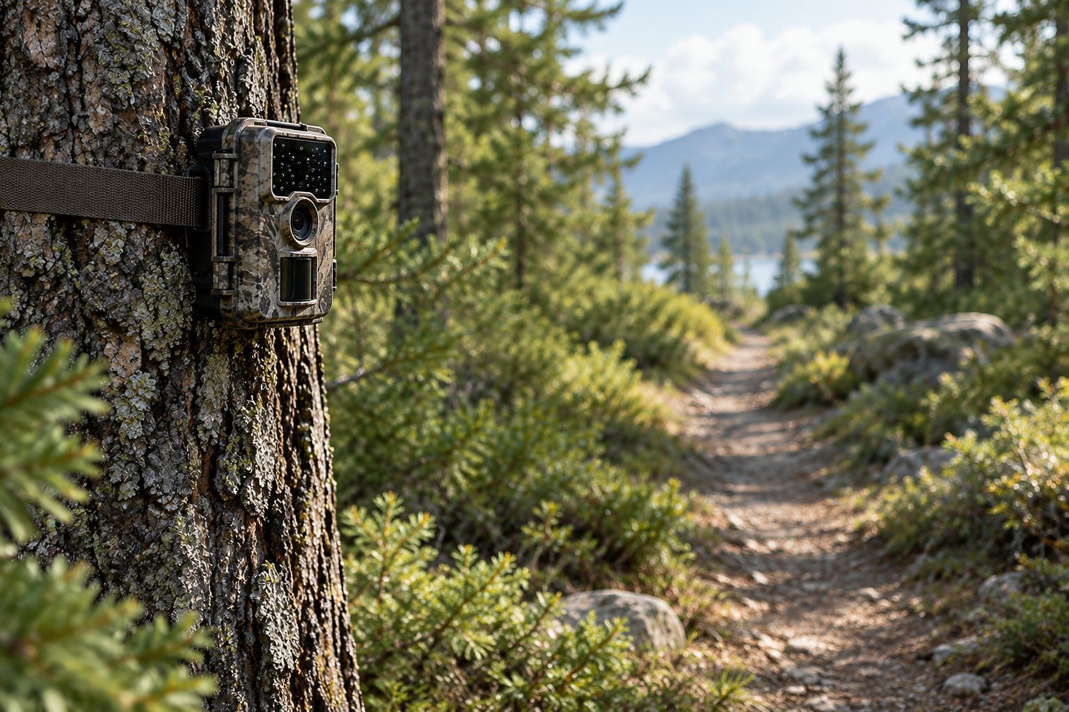 Trail camera mounted beside a woodland track with vegetation clear of its view