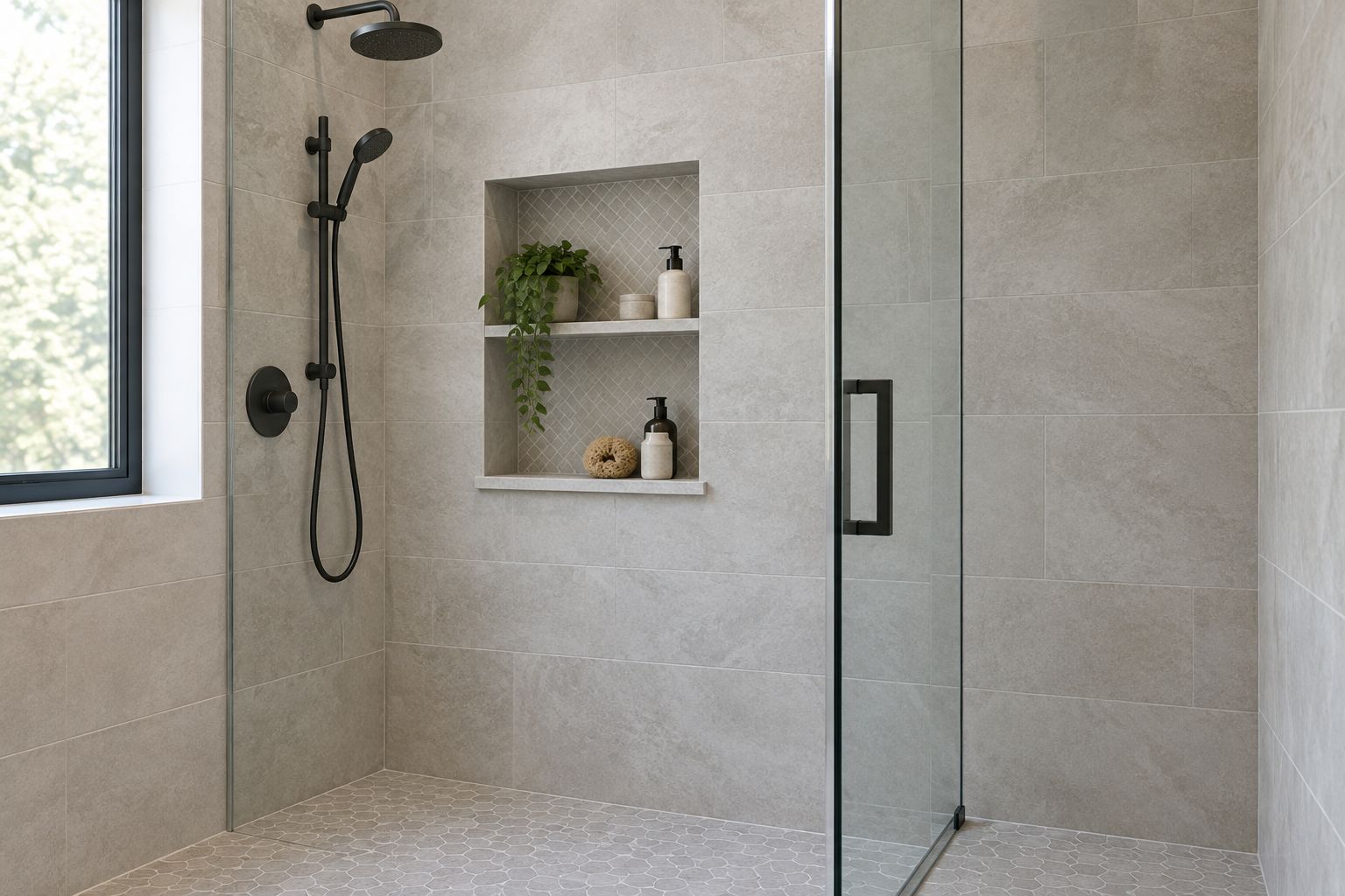 Recessed shower niche beside a fixed glass panel with open access to the shelf