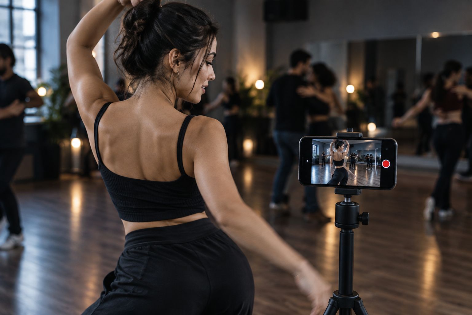 Dancer filming a routine on a phone tripod in a studio