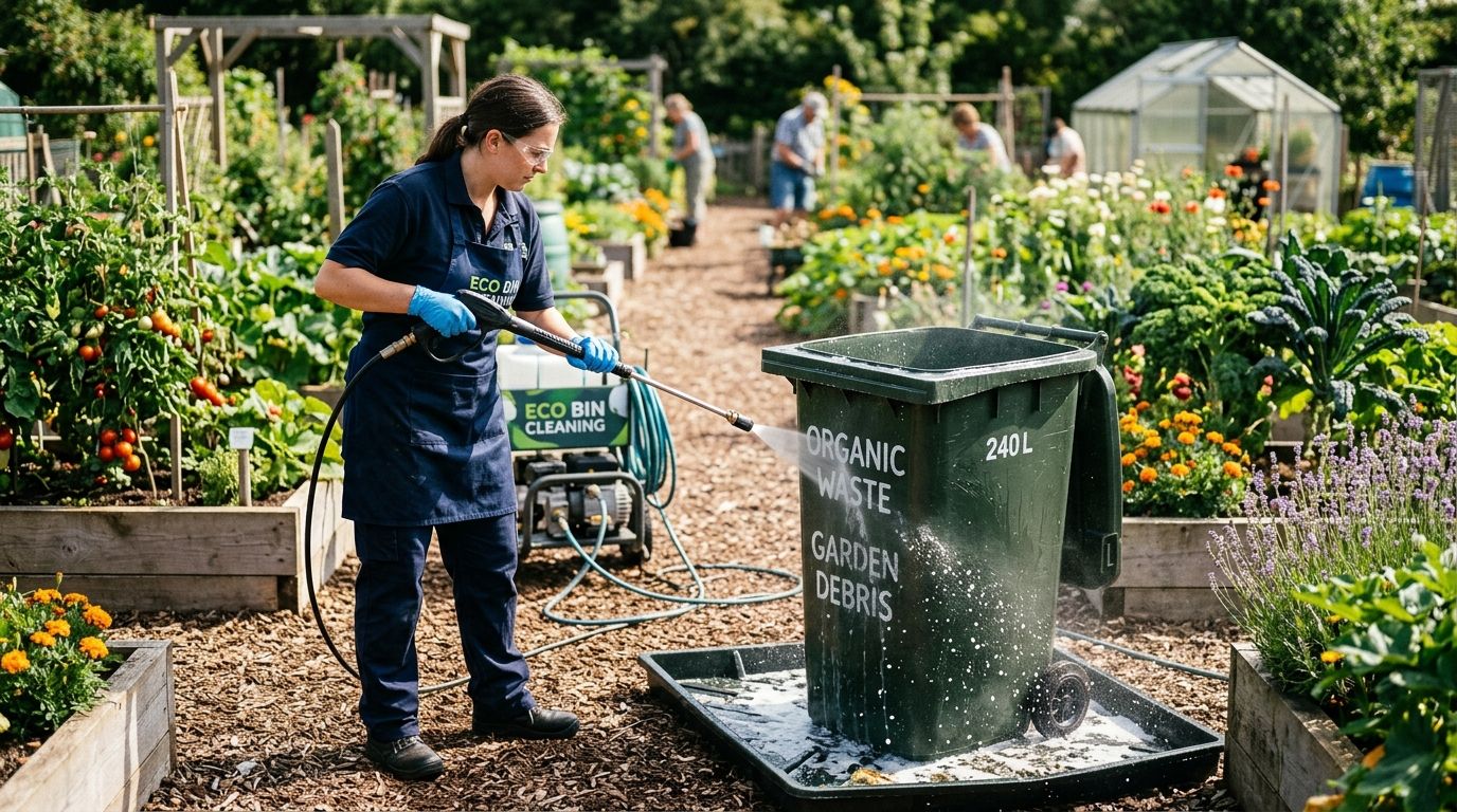 Trash bin cleaning for community garden plots
