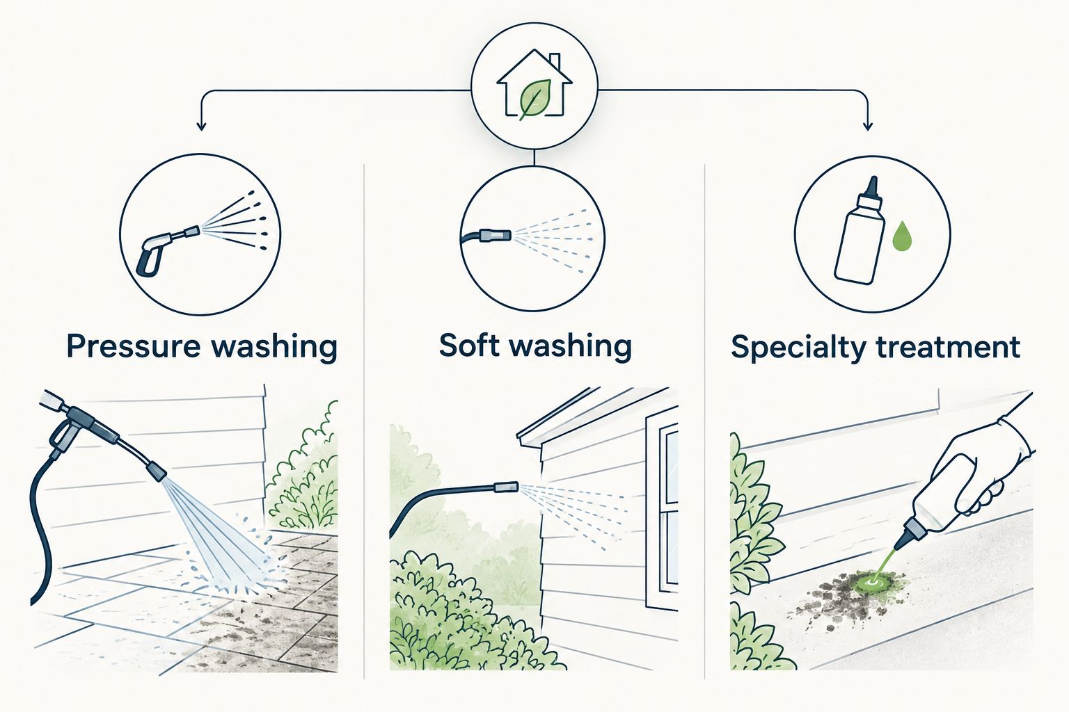 Three cleaning methods: pressure washing, soft washing, and specialty treatment
