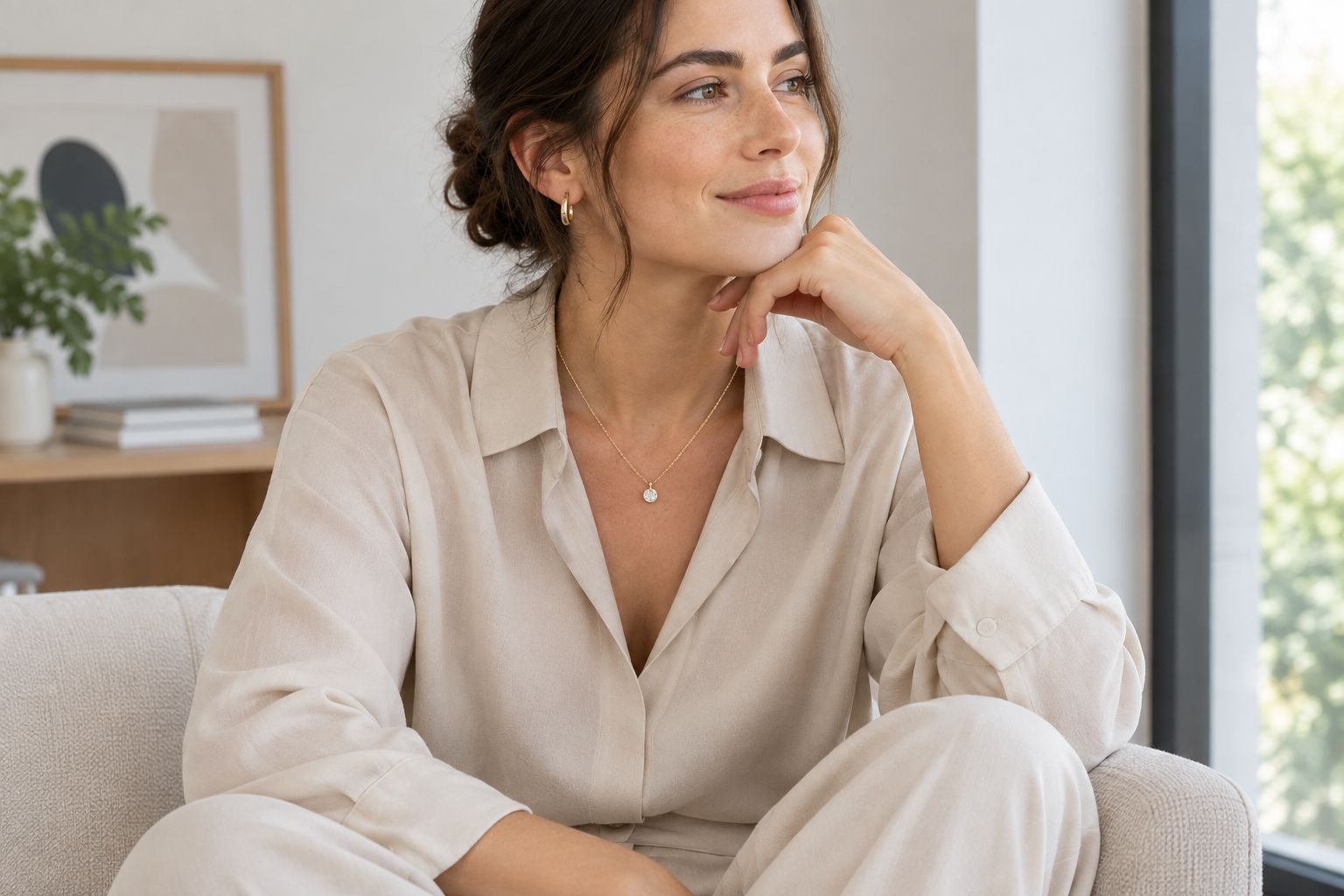 A single small gemstone pendant worn with a plain coordinated outfit.