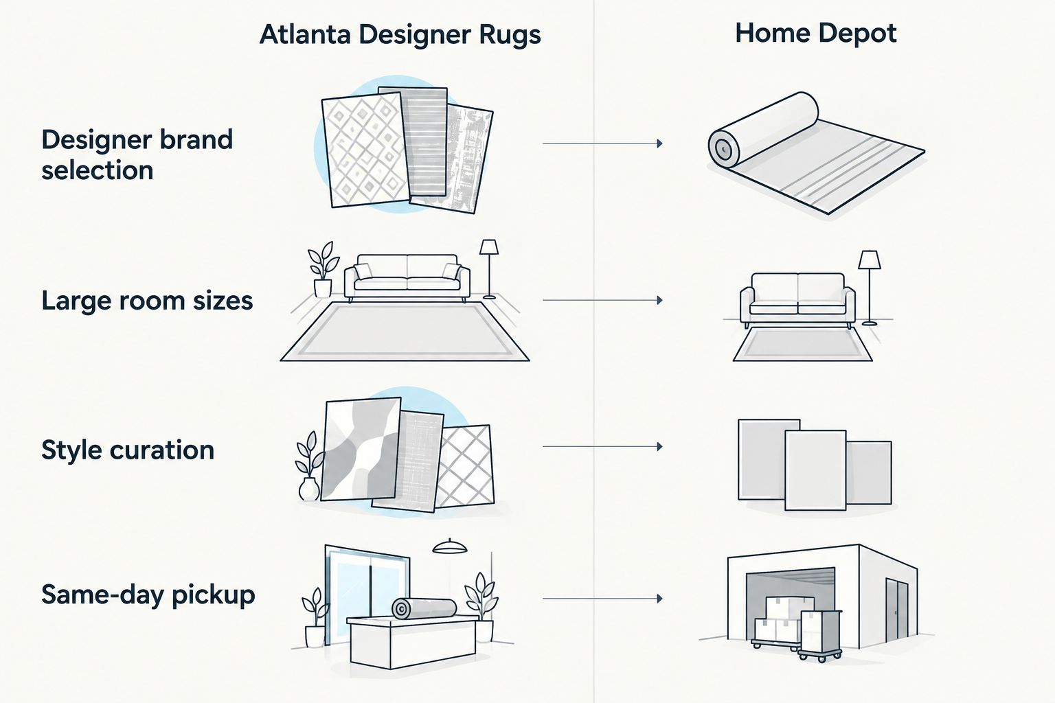 Comparison of Atlanta Designer Rugs and Home Depot across four shopping dimensions