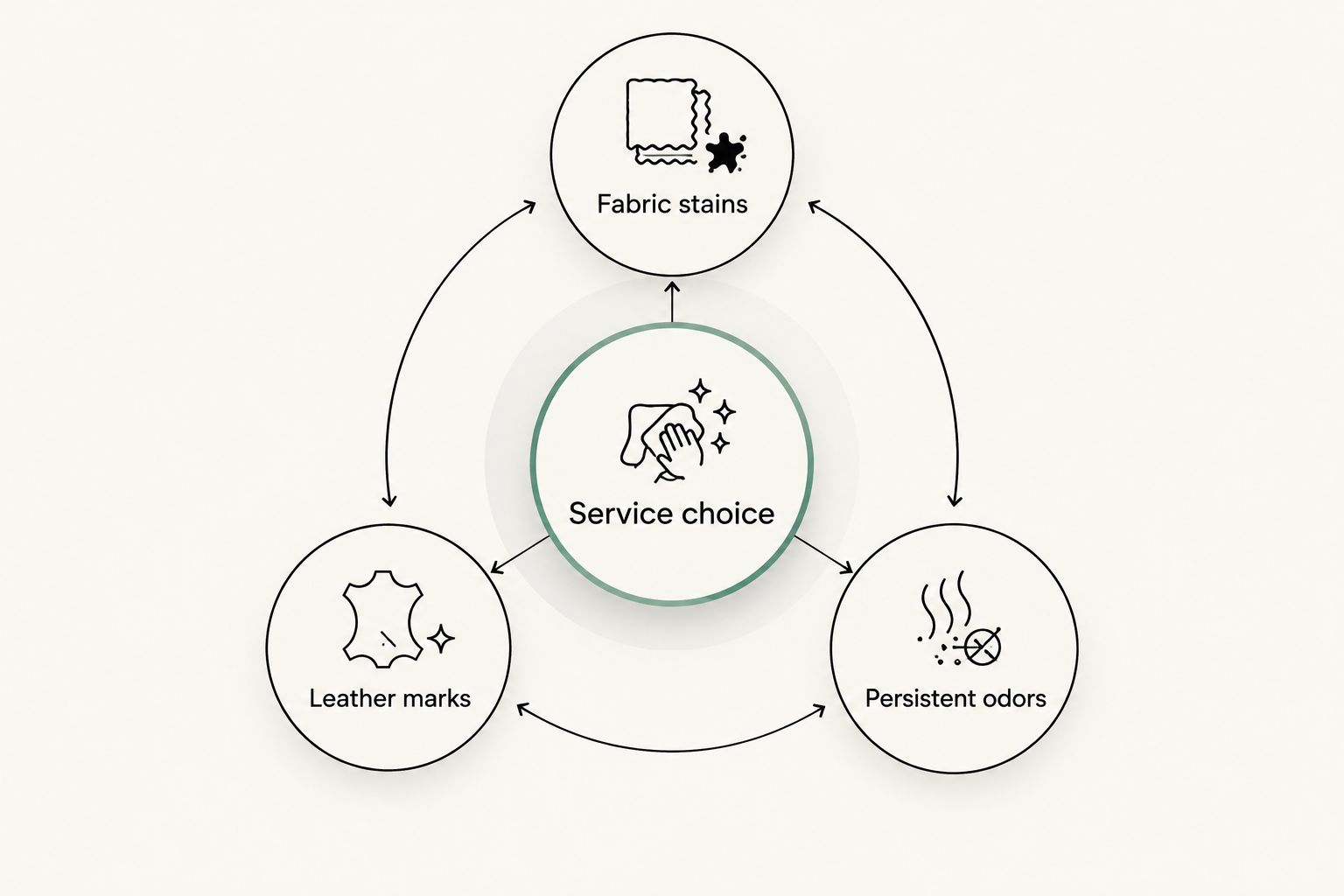 Service selection diagram separating fabric stains, leather marks, and persistent odors