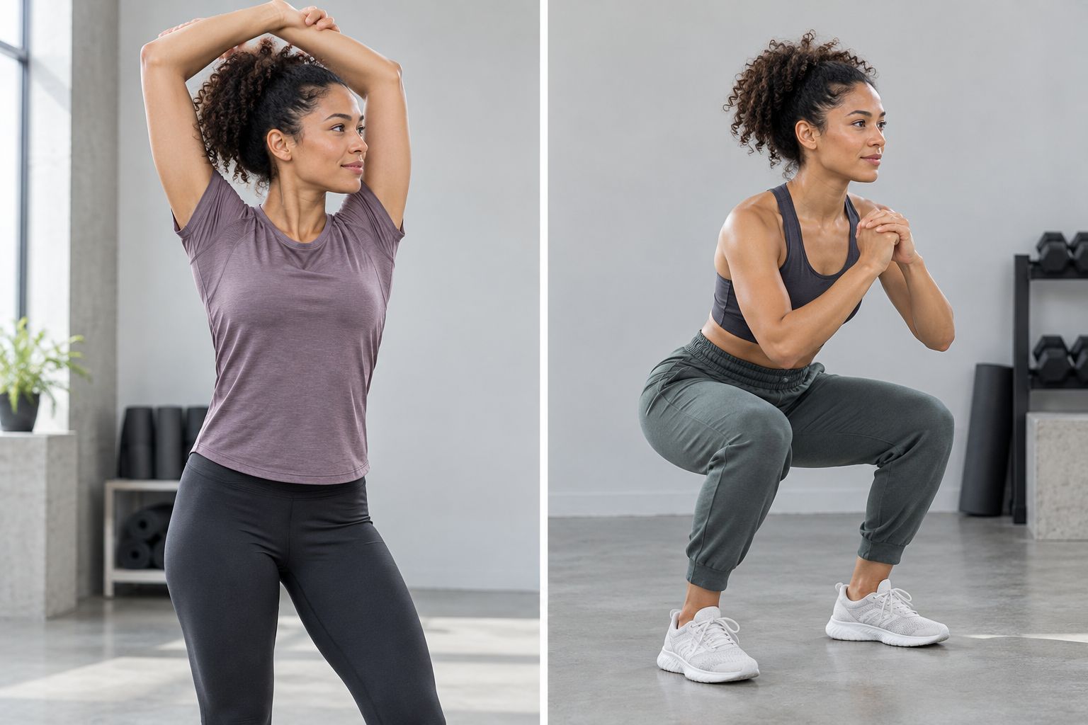 An athlete checks shoulder movement in a tee and waistband position during a squat.