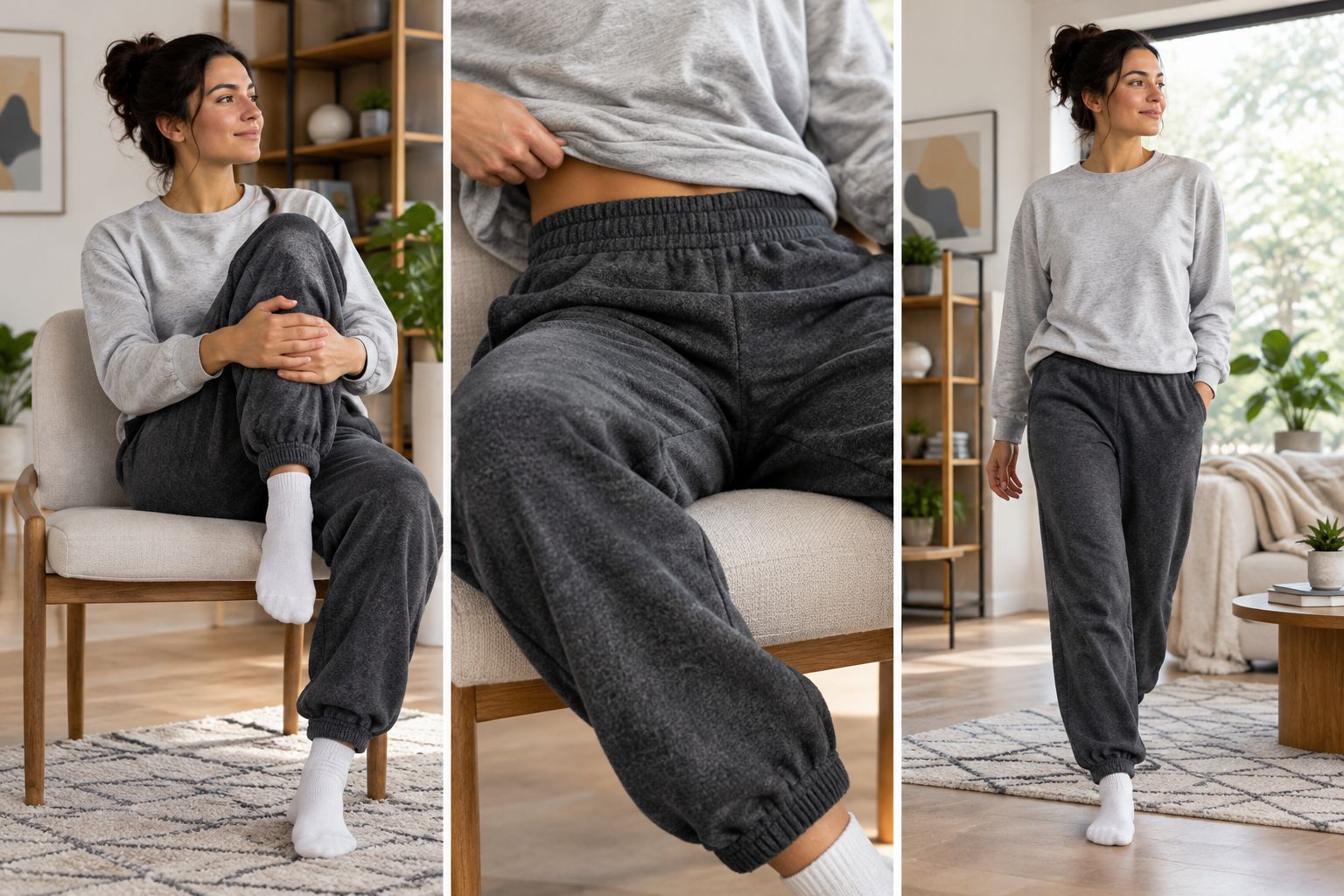 An athlete checks sweatpants while sitting, bending a knee, and walking.