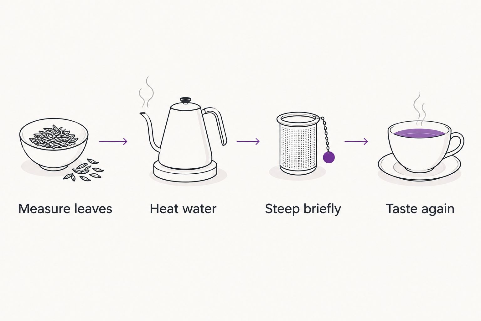 Four brewing steps: measure leaves, heat water, steep briefly, and taste again