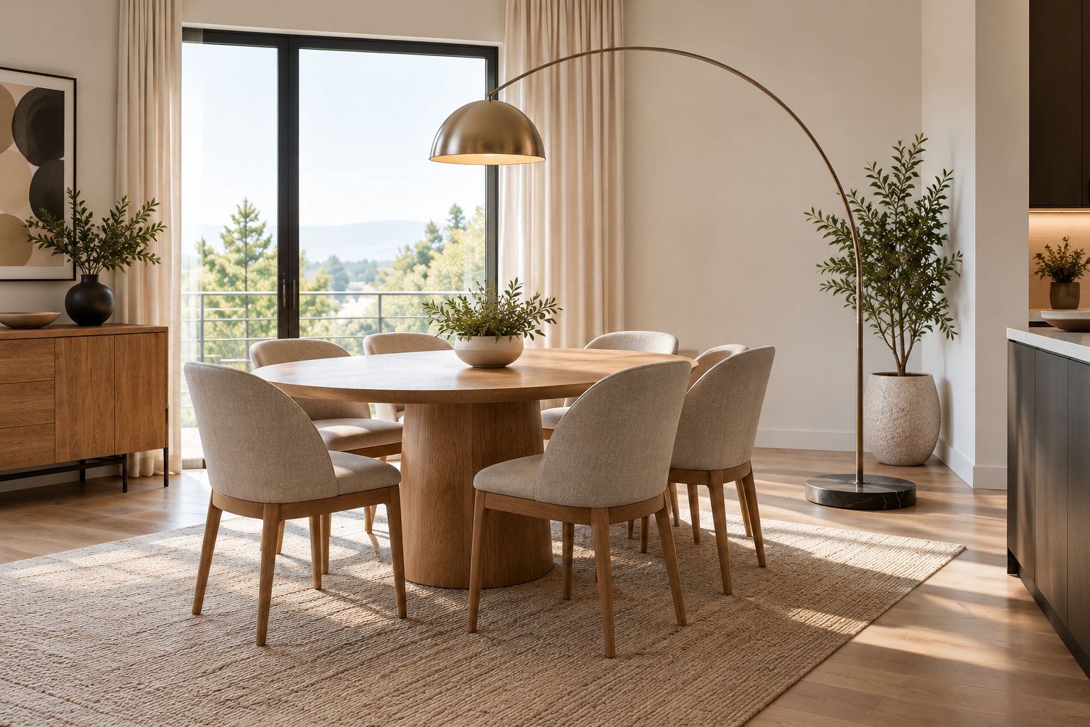 Arc floor lamp beside a round dining table with clear chair access