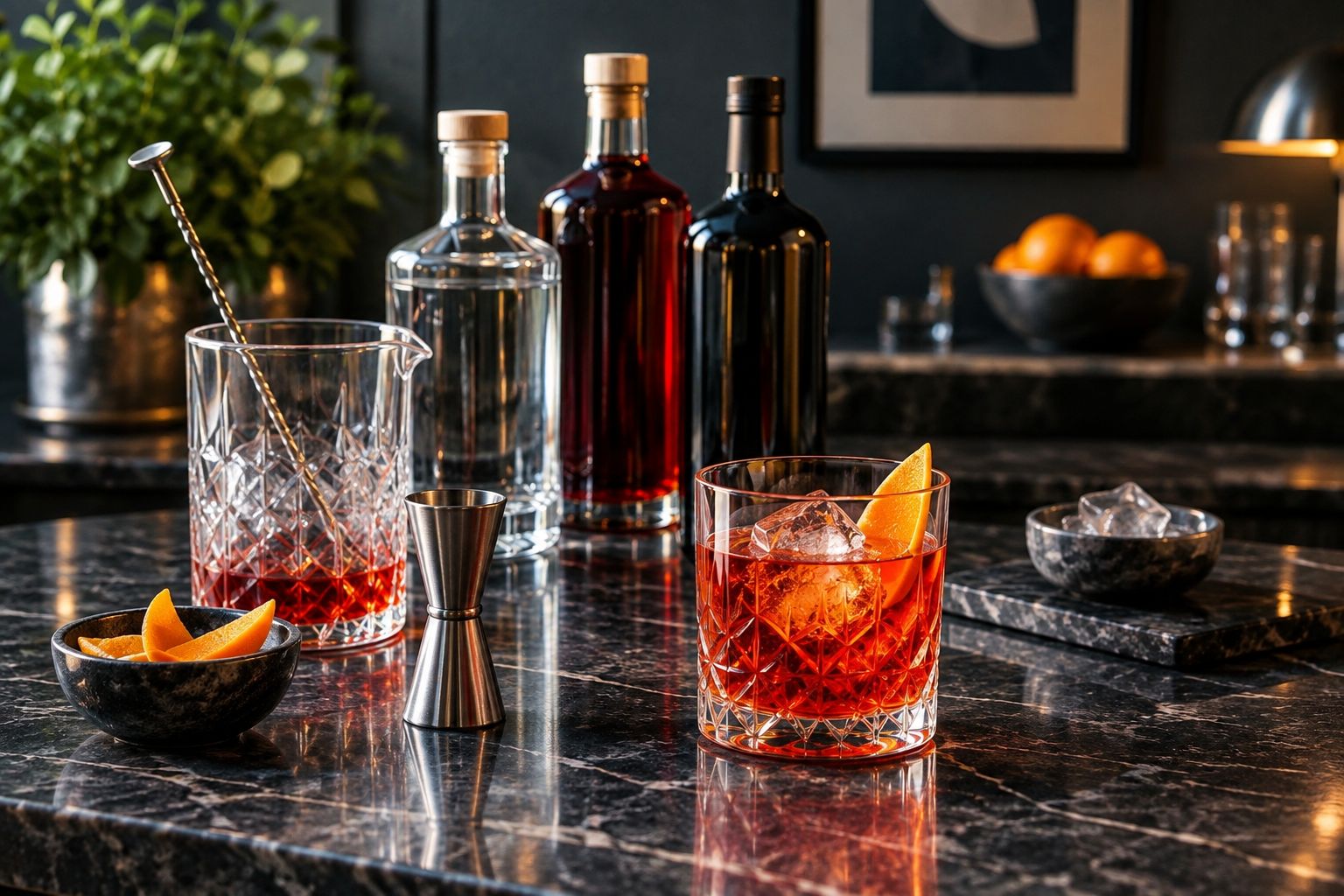 Negroni with ice and orange garnish beside a mixing glass