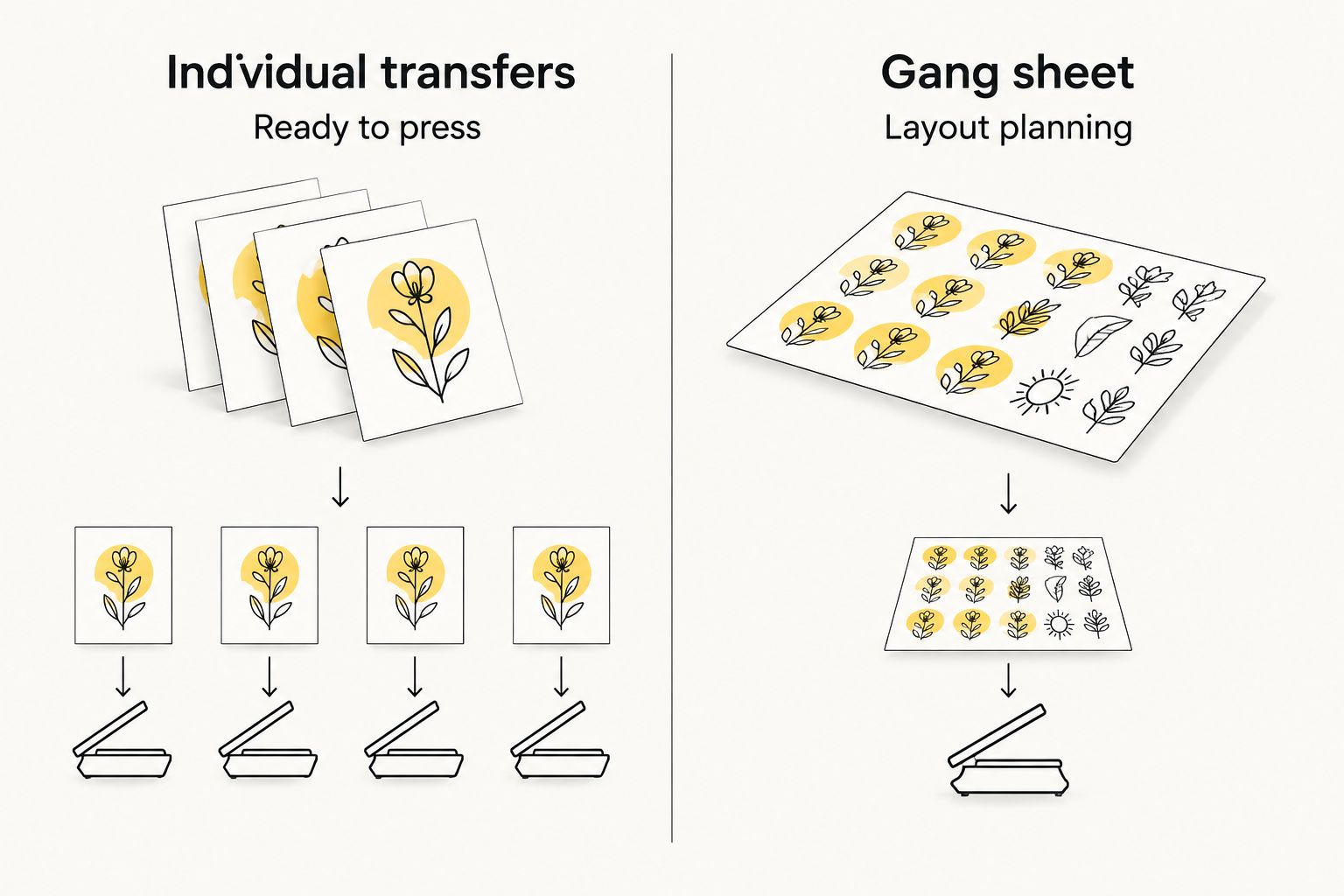 Comparison of individual transfers and gang-sheet layout planning