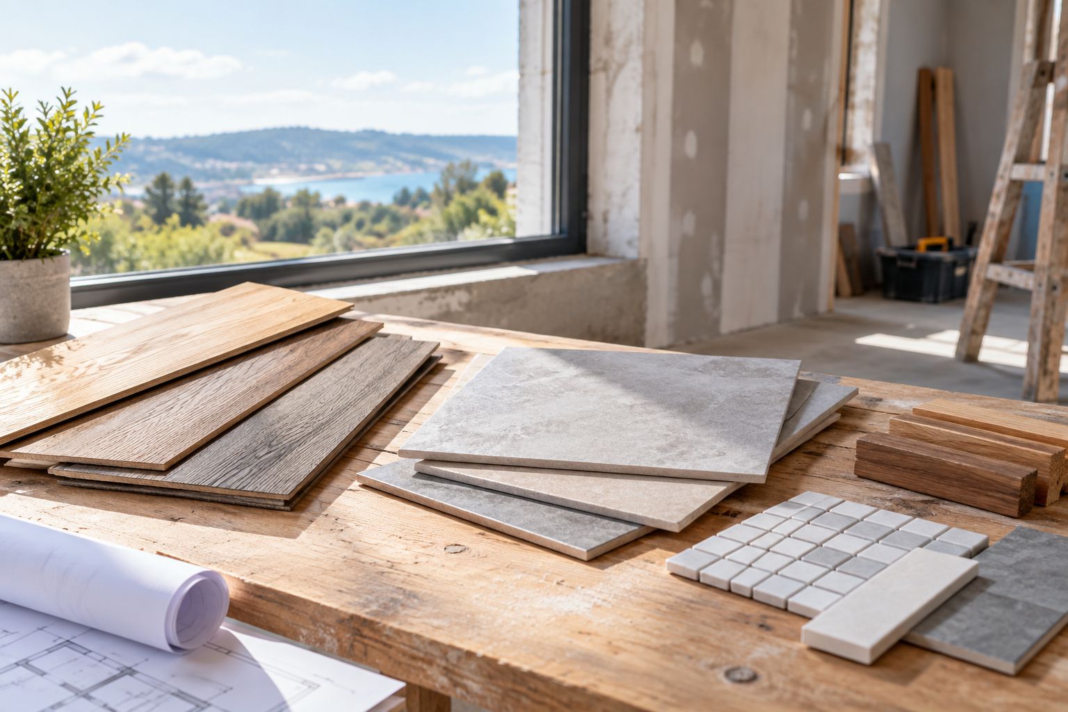 Amostras de pavimento, cerâmica e madeira observadas à luz natural numa casa em construção