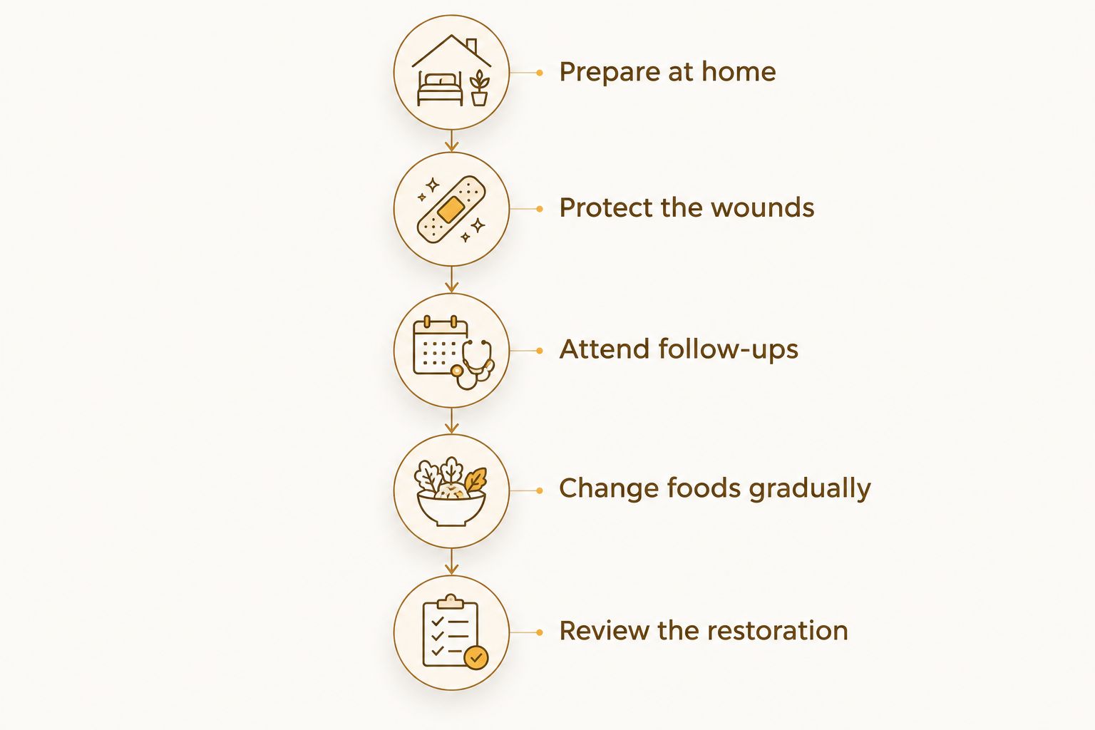 Recovery sequence from home preparation through wound care, follow-ups, food changes, and restoration review.