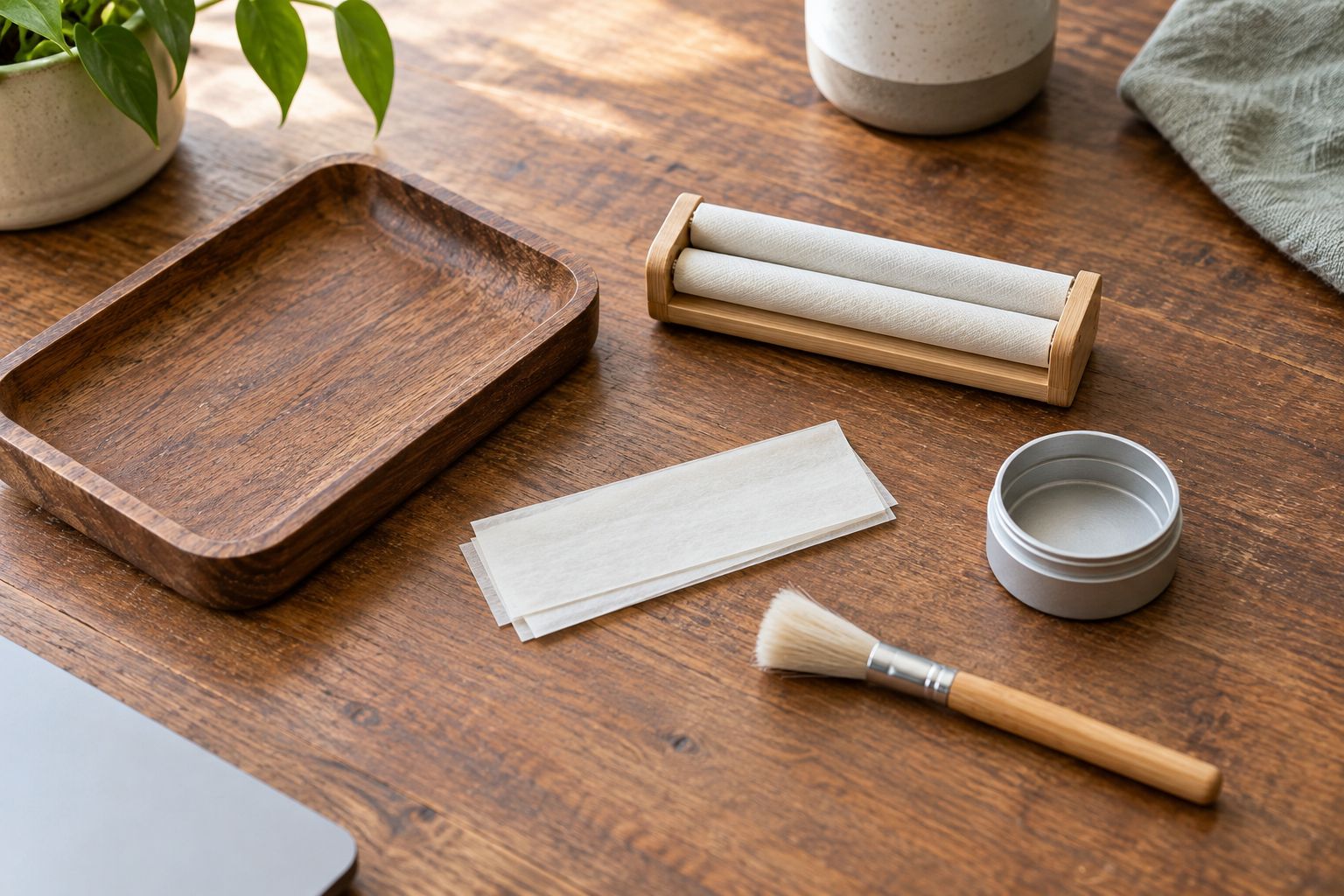 Empty manual roller, papers, container, and brush arranged on a clear preparation tray