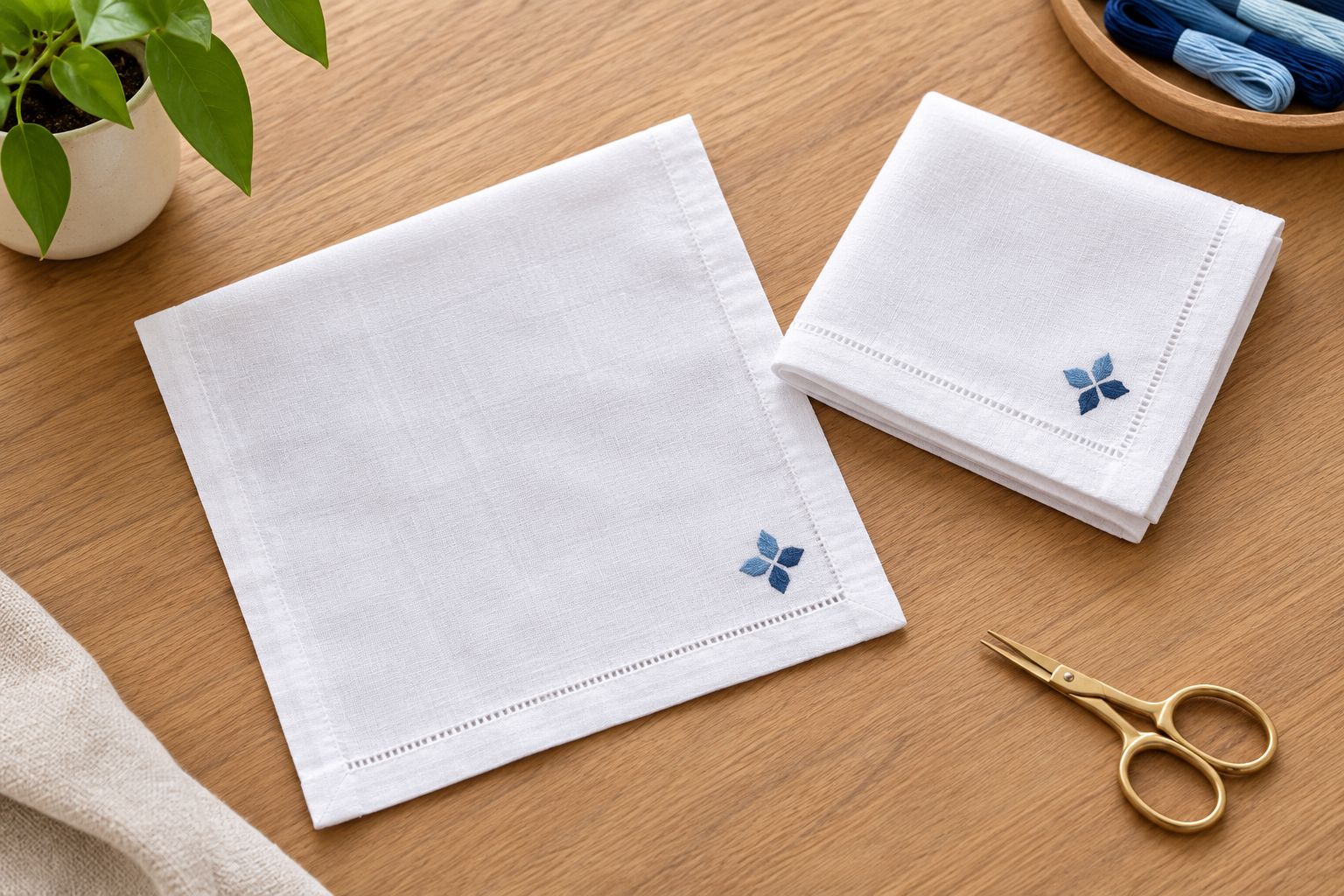 Plain handkerchiefs showing a corner embroidery motif on flat and folded cloth
