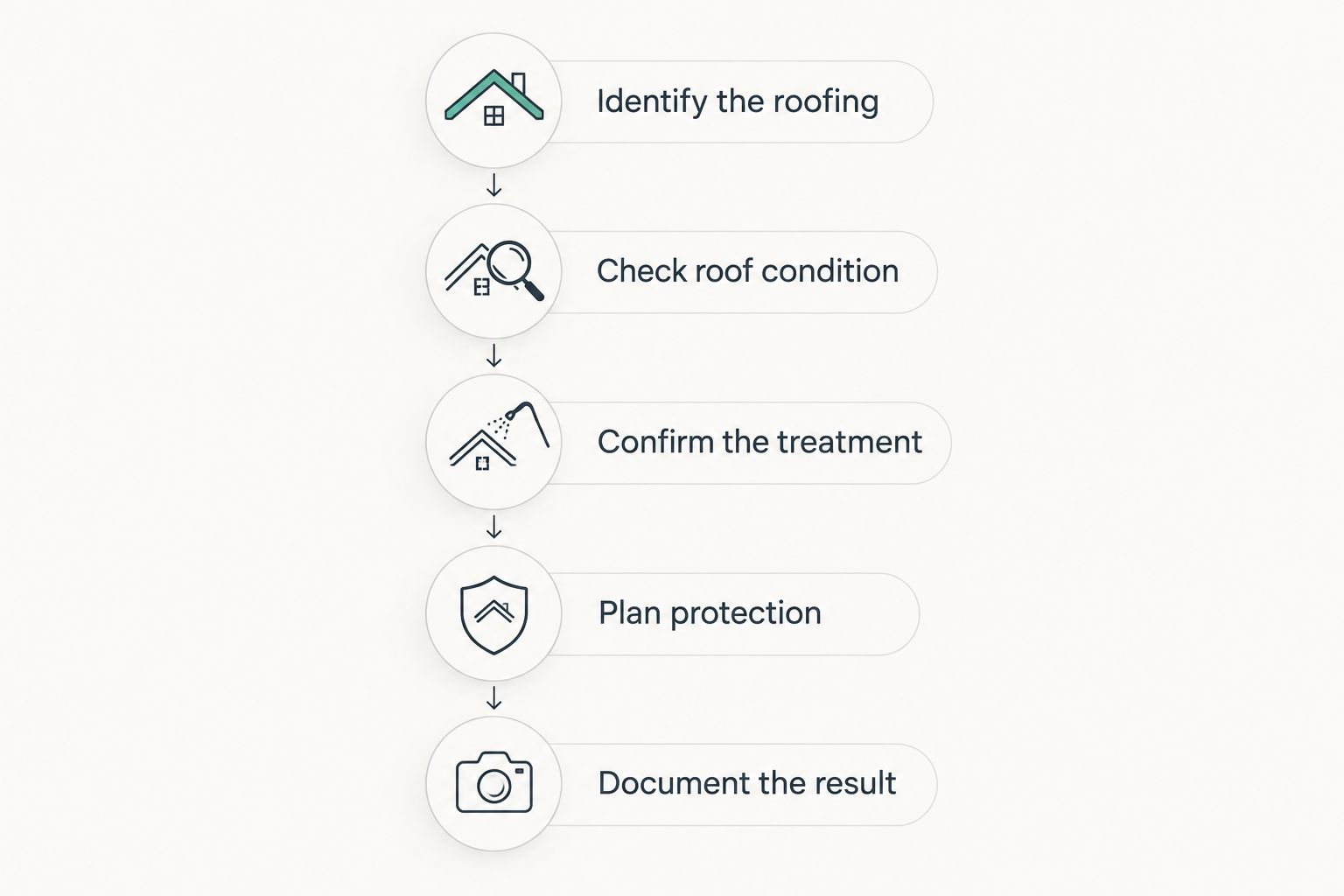 Roof-cleaning decision sequence from identifying the roofing to documenting the result