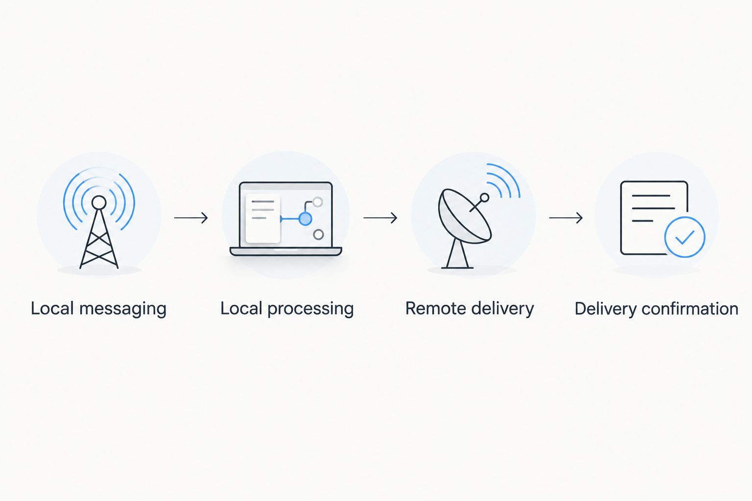 Four stages separating local radio messaging from remote delivery and delivery confirmation