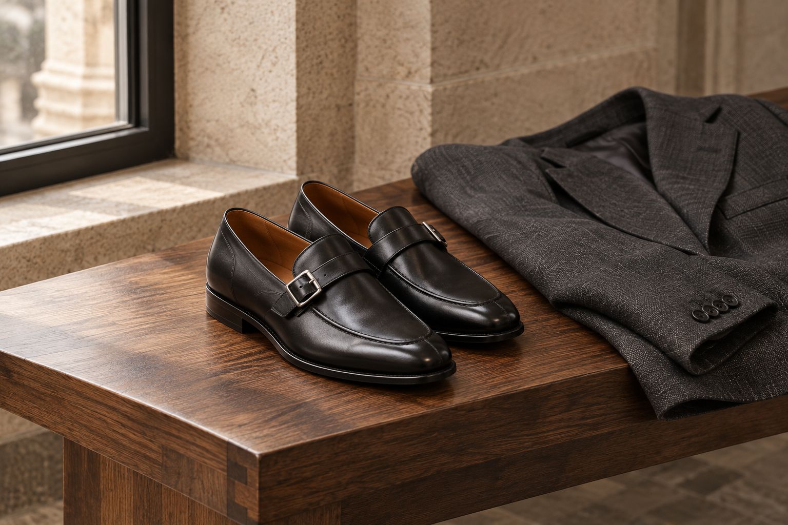Black monk-strap loafers next to a folded suit jacket