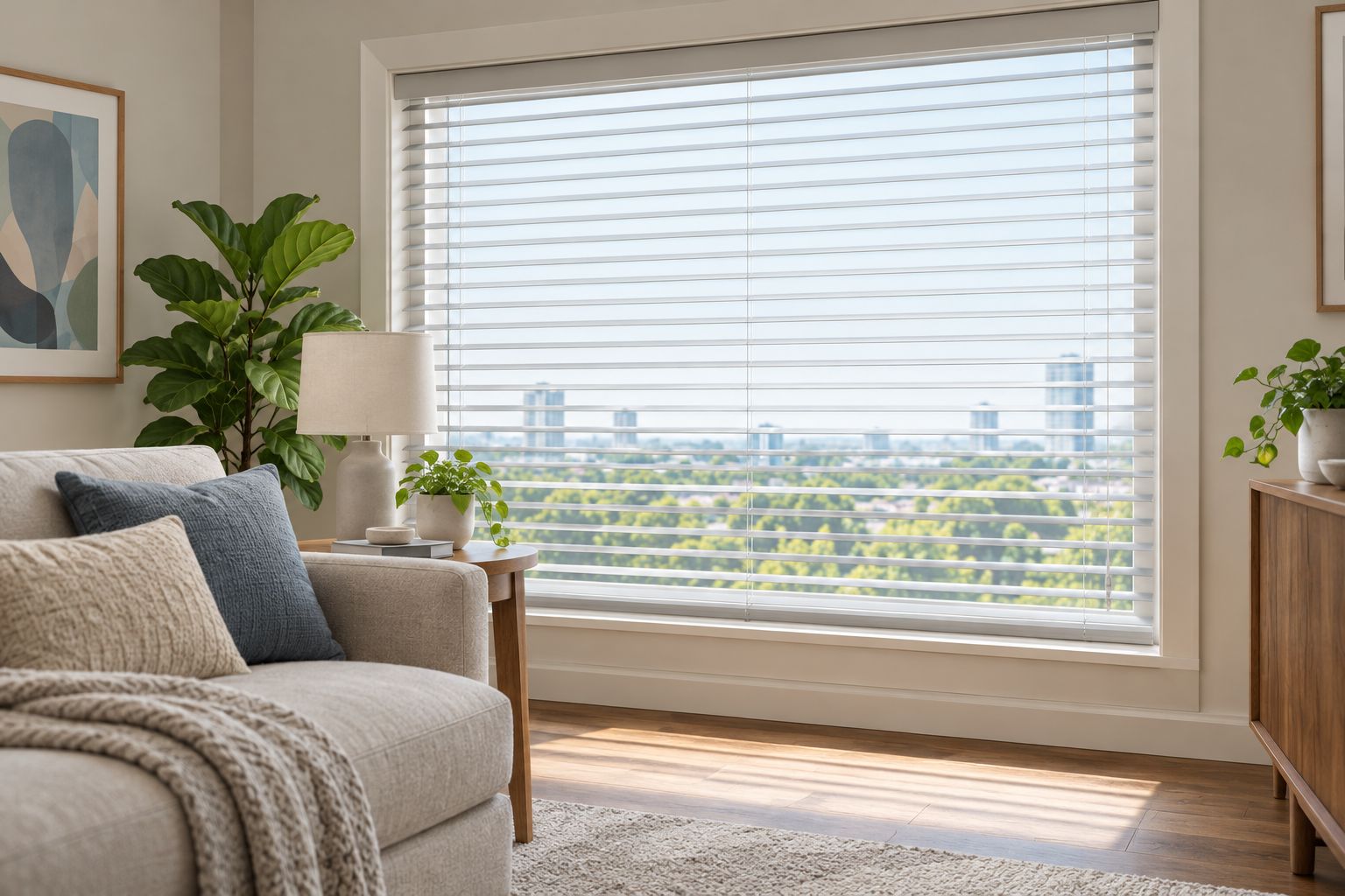 Living room blinds with nearby furniture restricting access to the window controls