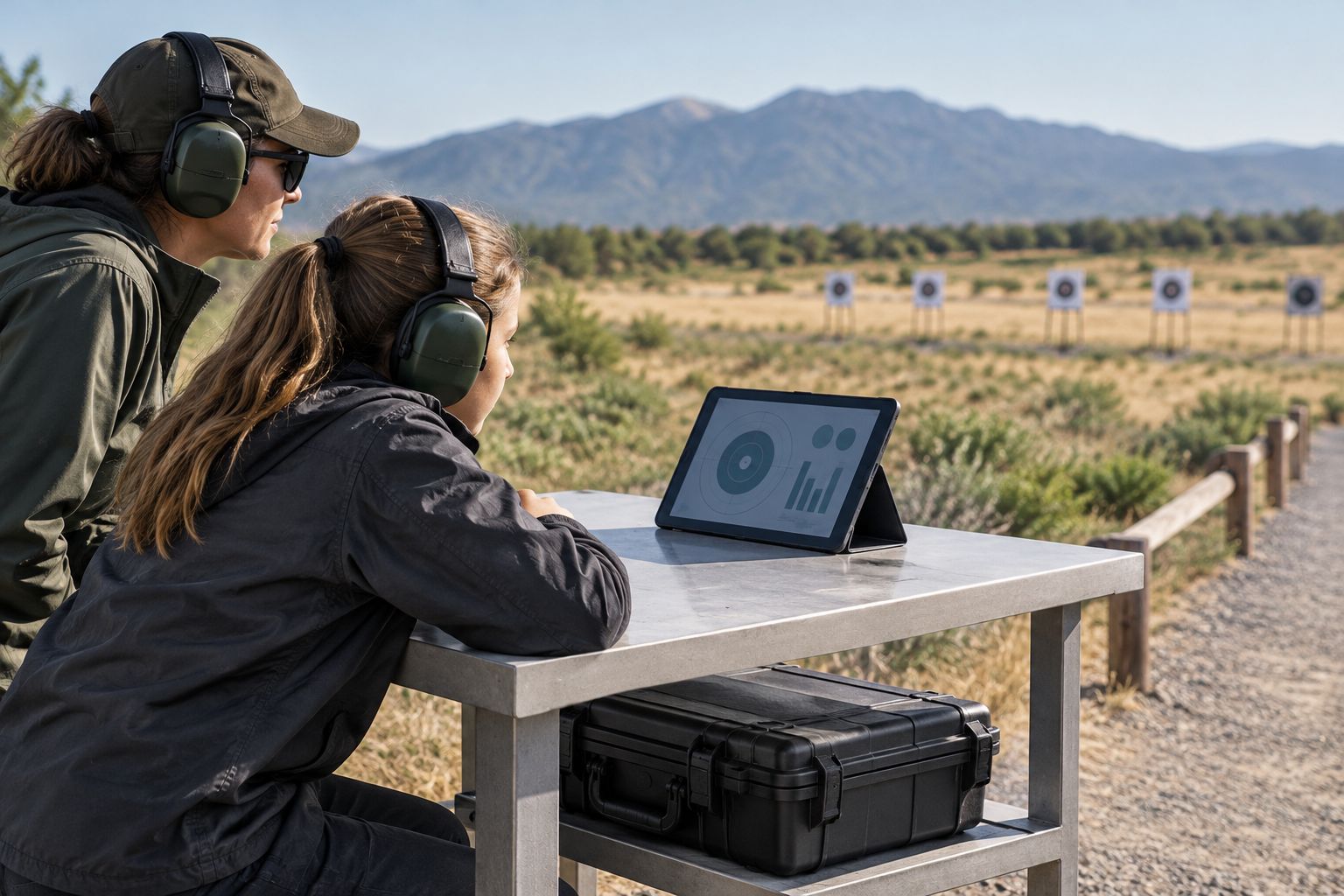 An uncluttered range viewing station with a tablet stand and equipment case