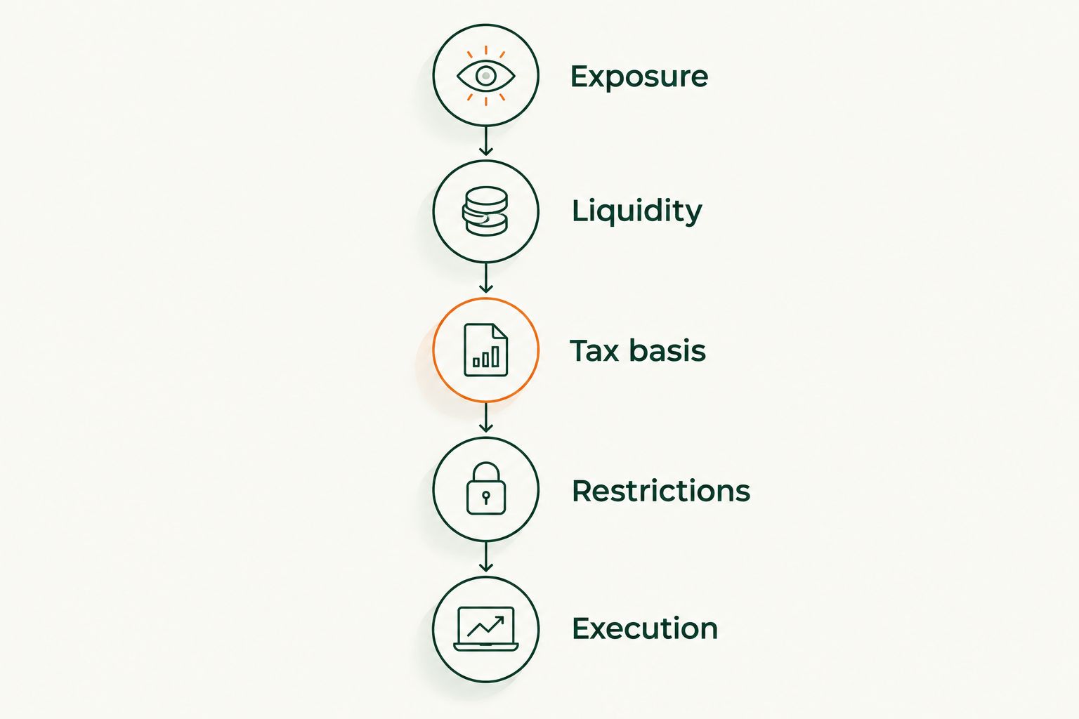 Five checkpoints connecting stock exposure, liquidity, tax basis, restrictions, and execution.