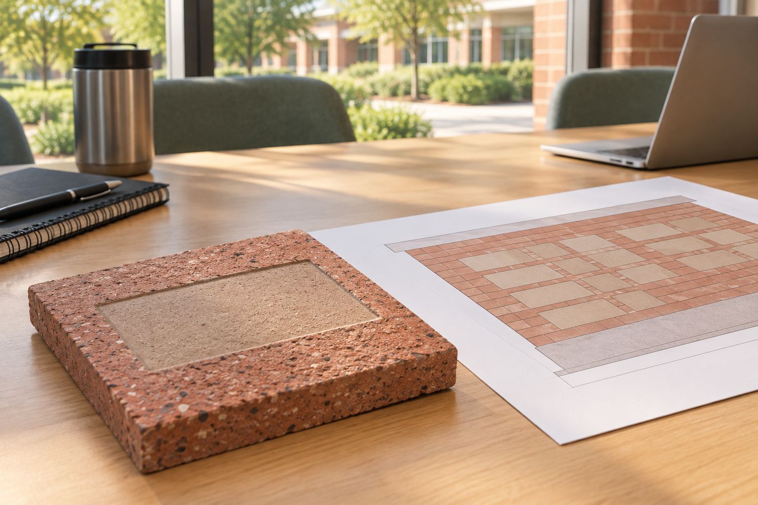 An engraved masonry sample beside a blank wall-layout template