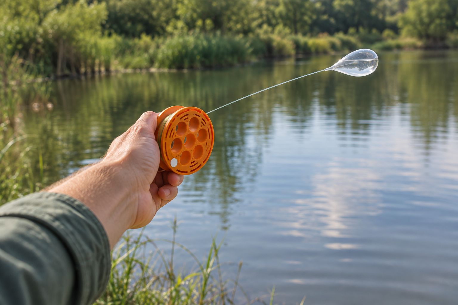 Hand casting a bubble rig with a GoReel hand reel at pond's edge