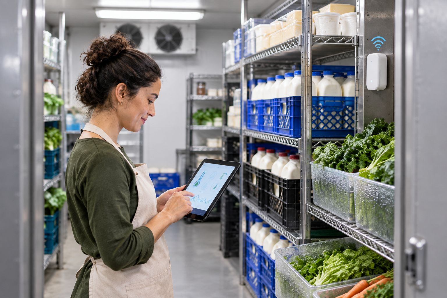 Wireless temperature sensor mounted inside a co-op grocery walk-in cooler