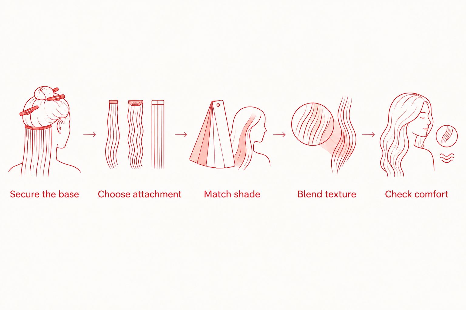 Five steps for choosing and fitting a bun extension, from securing the base to checking comfort.