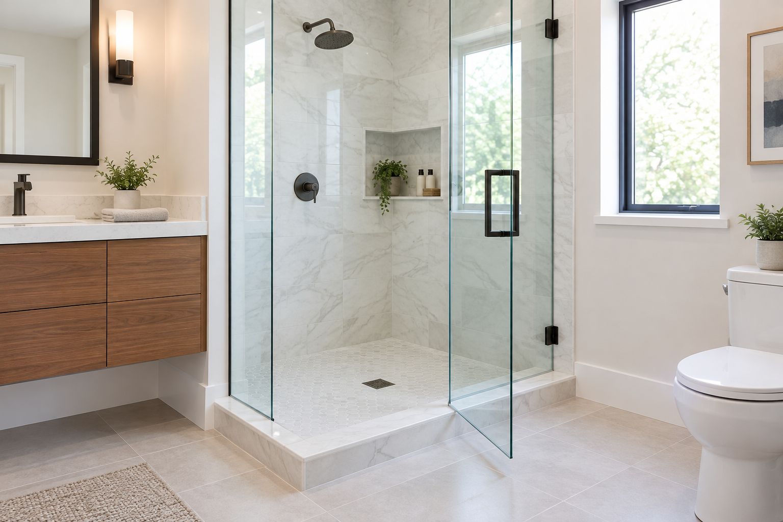 Open glass shower door showing its operating clearance beside bathroom fixtures
