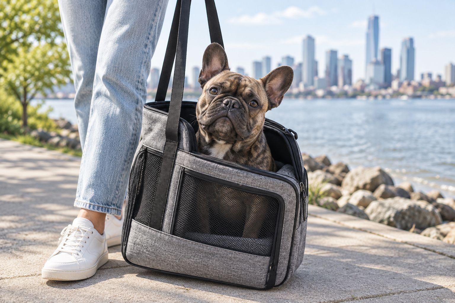 French Bulldog sitting inside an open structured tote carrier outdoors