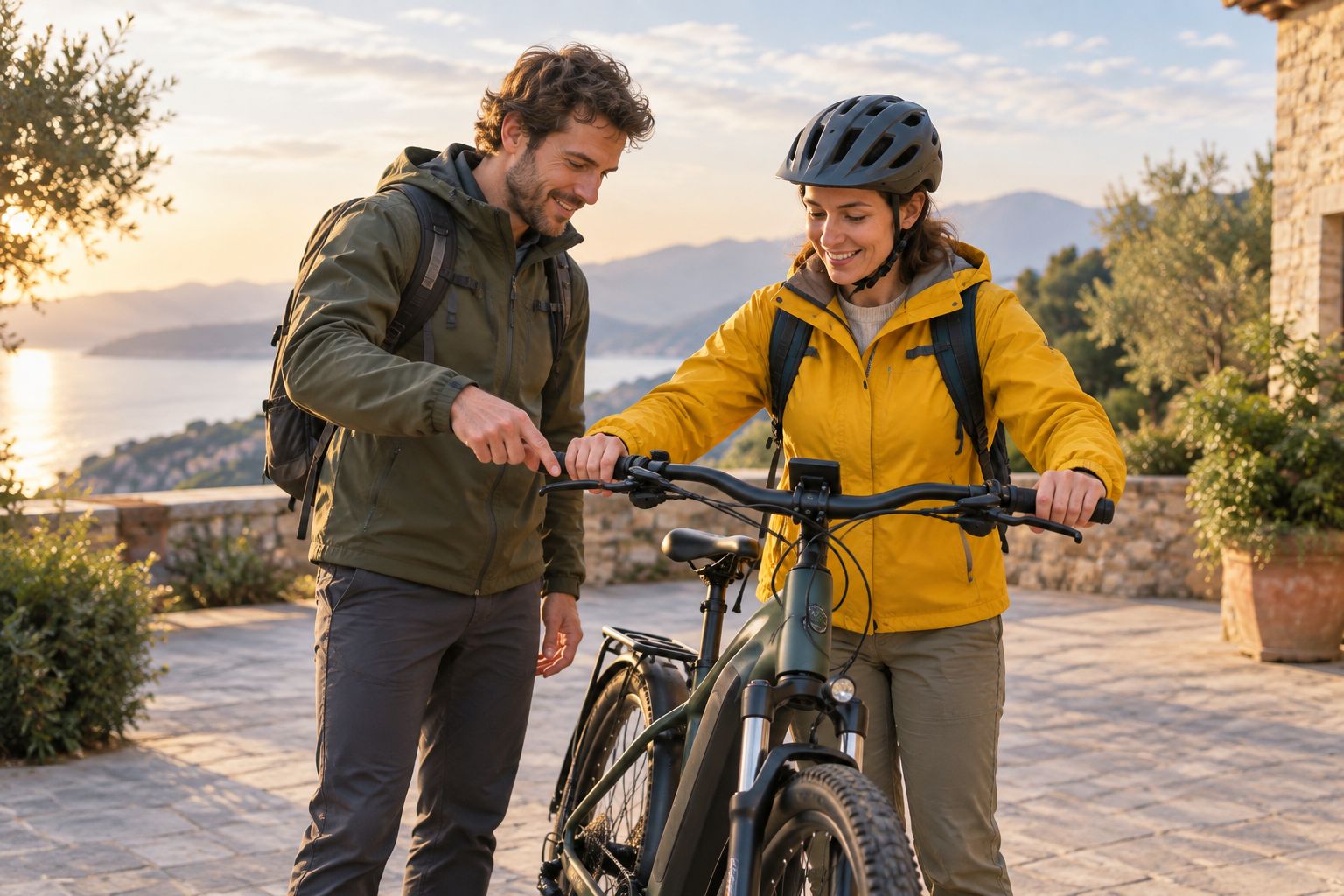 Medewerker legt een gast de rembediening van een elektrische fiets uit