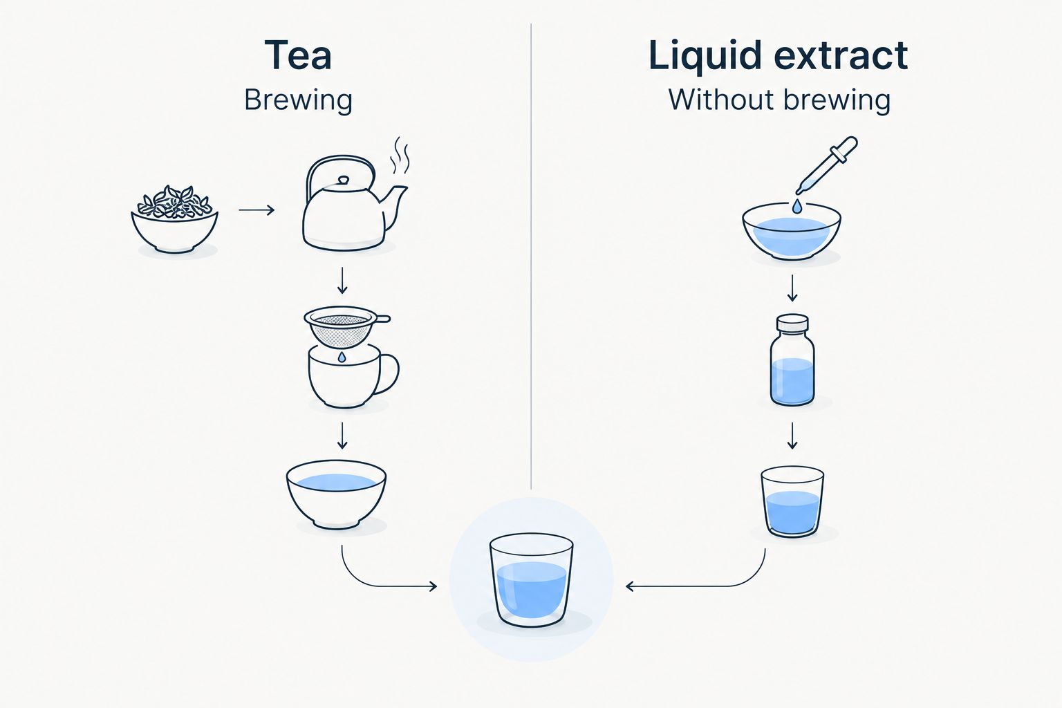 Tea requires brewing, while liquid extract offers a preparation without brewing.