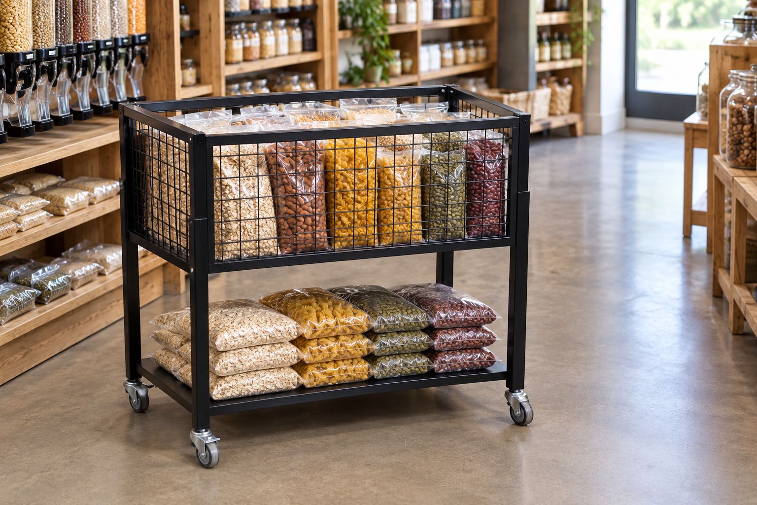 Mobile display bin holding sealed food packets beside a clear shop walkway