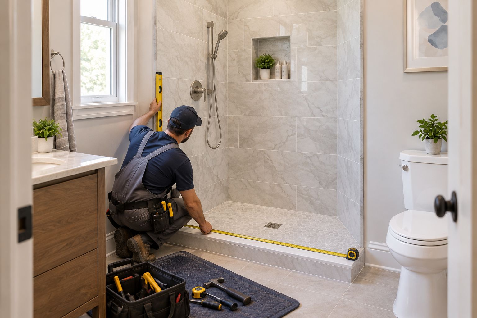 Installer checking a finished shower wall and threshold before measuring for glass