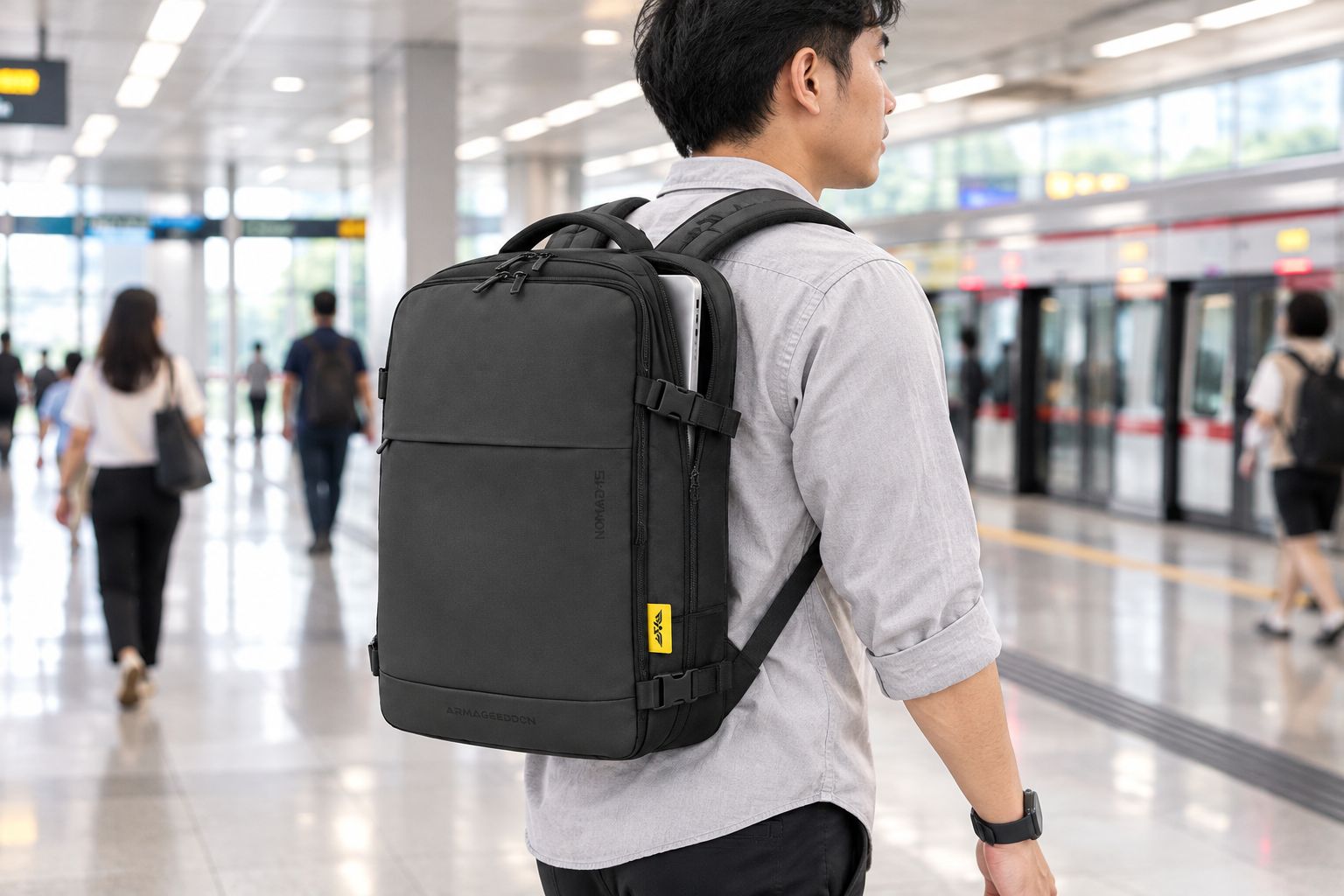 Commuter carrying the Armaggeddon Nomad 15 laptop backpack through an MRT station