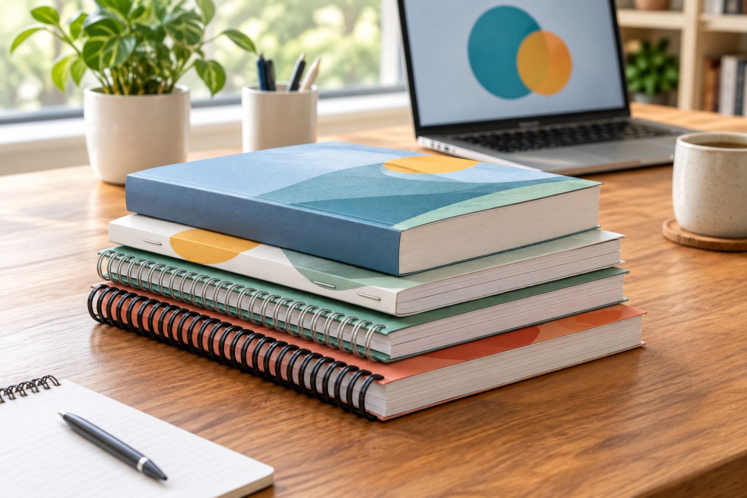 Four books showing perfect bound, saddle stitch, Wire-O, and plastic coil binding edges