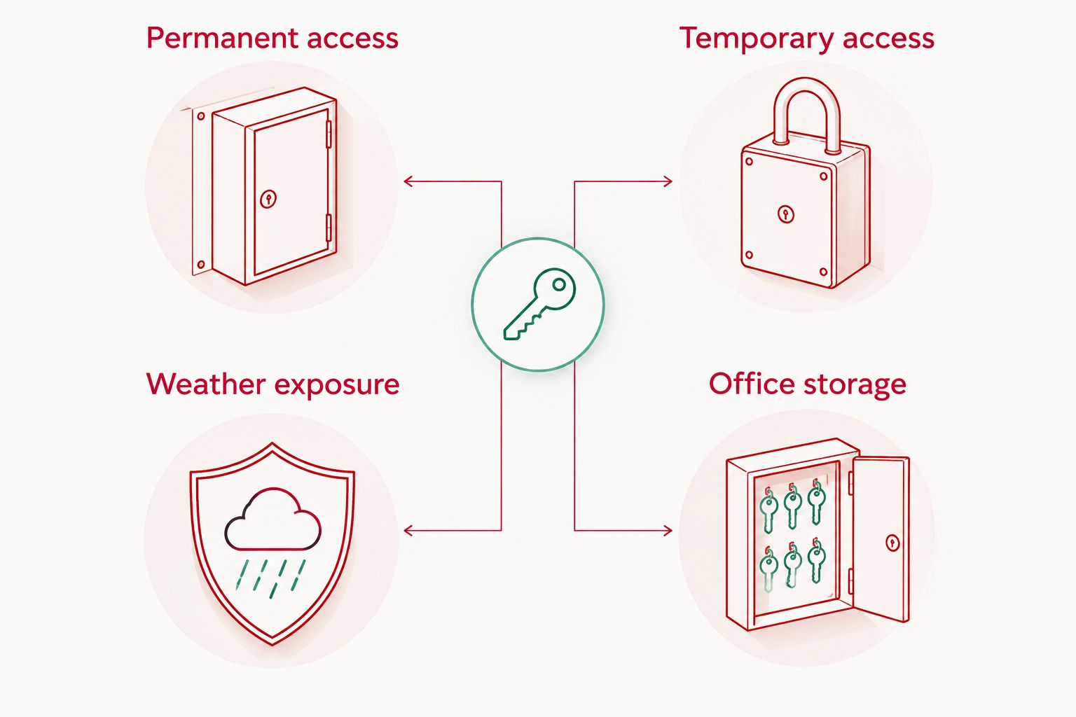 Four key-storage jobs: permanent access, temporary access, weather exposure and office storage